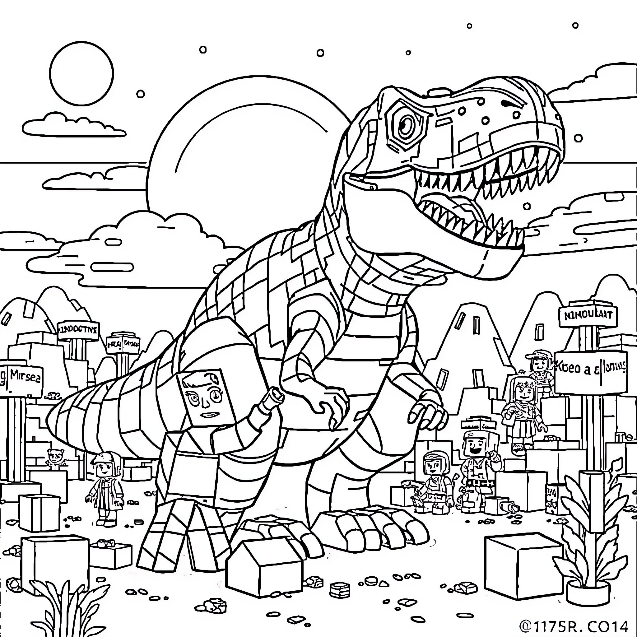 Minecraft Player Battles Ferocious Robotic Dinosaur Coloring Page (free black-and-white line drawing printable PDF for all, from beginners to advanced learners, including children, teens, adults, and seniors)