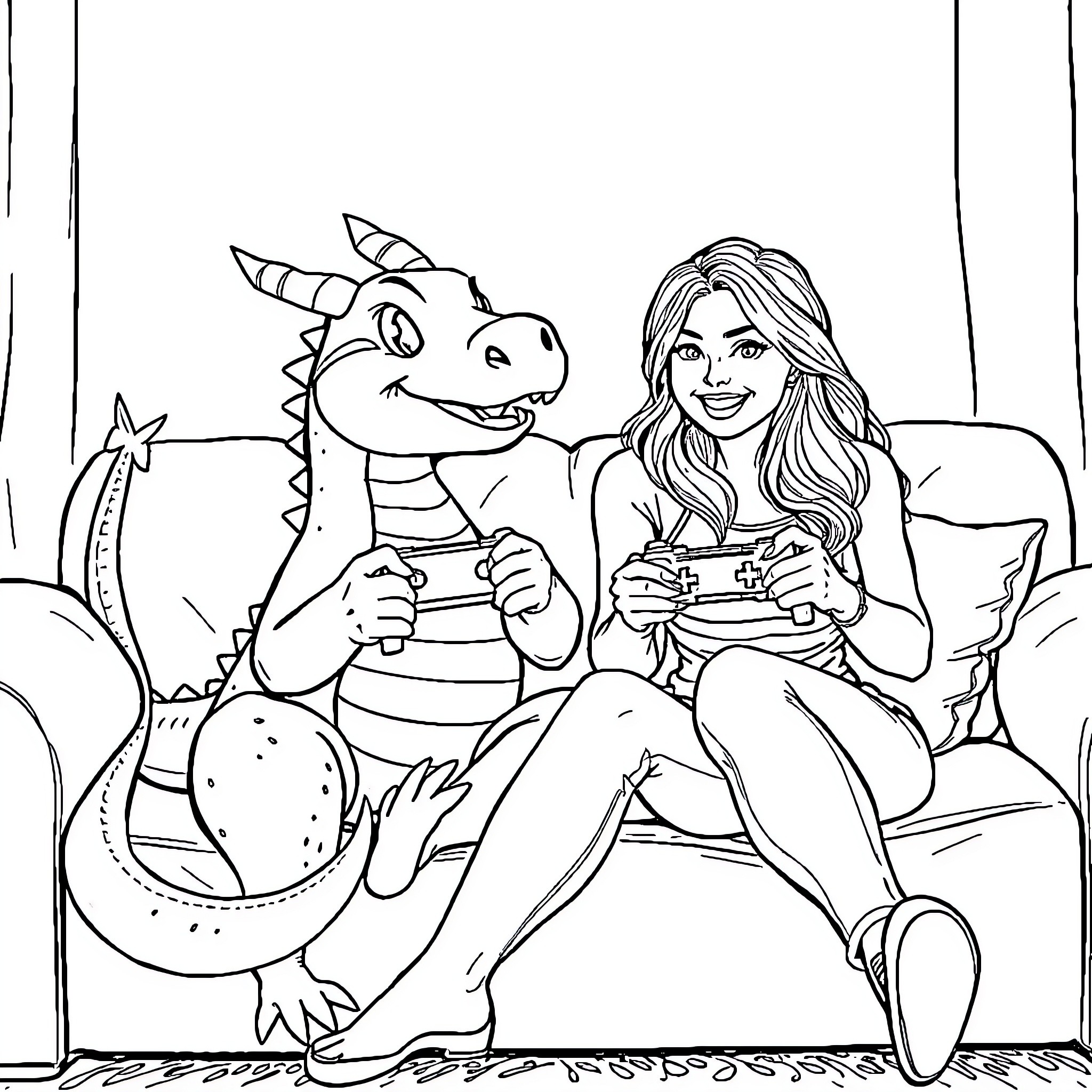 Dragon and woman enjoying video game together Coloring Page (free black-and-white line drawing printable PDF for all, from beginners to advanced learners, including children, teens, adults, and seniors)