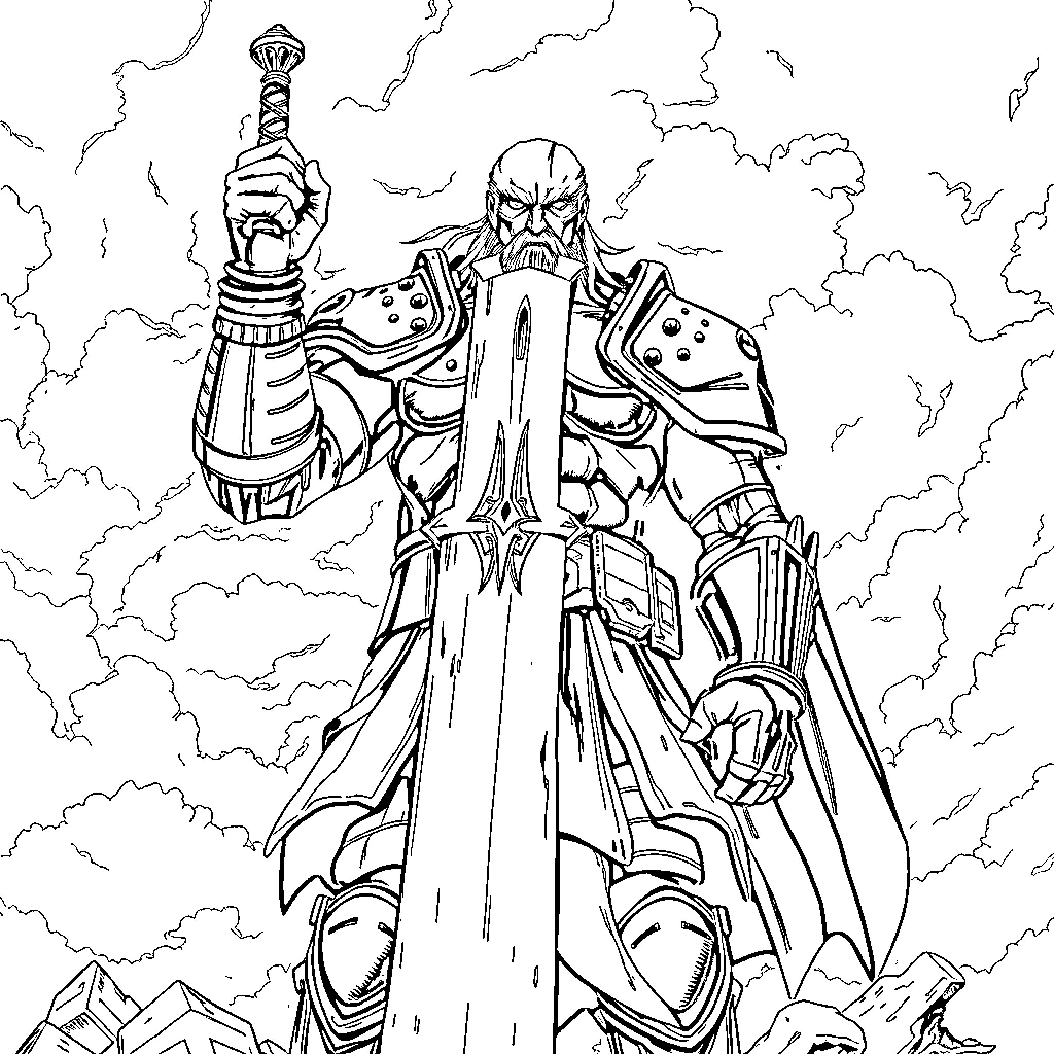 Guts - Warrior Standing Amidst Storm Coloring Page (free black-and-white line drawing printable PDF for all, from beginners to advanced learners, including children, teens, adults, and seniors)