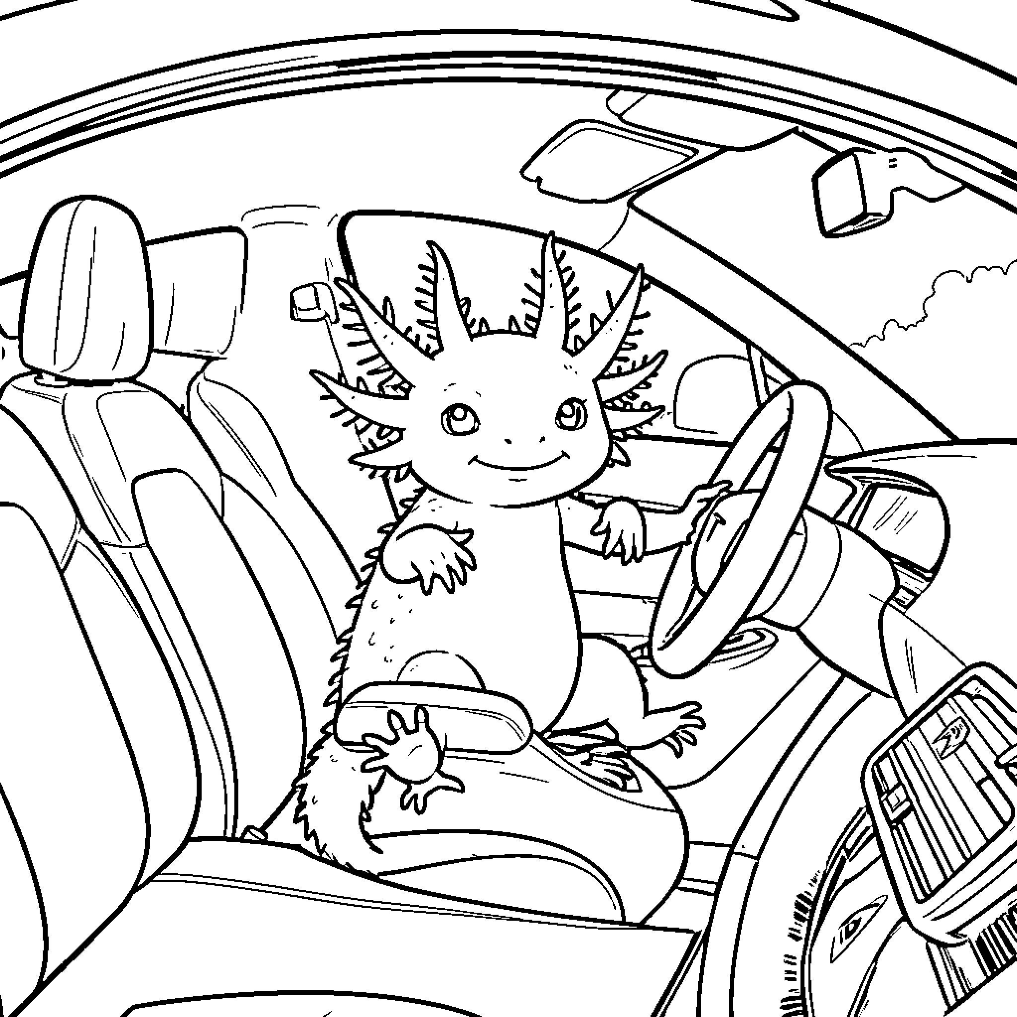 Axolotl sitting in a car and driving Coloring Page (free black-and-white line drawing printable PDF for all, from beginners to advanced learners, including children, teens, adults, and seniors)