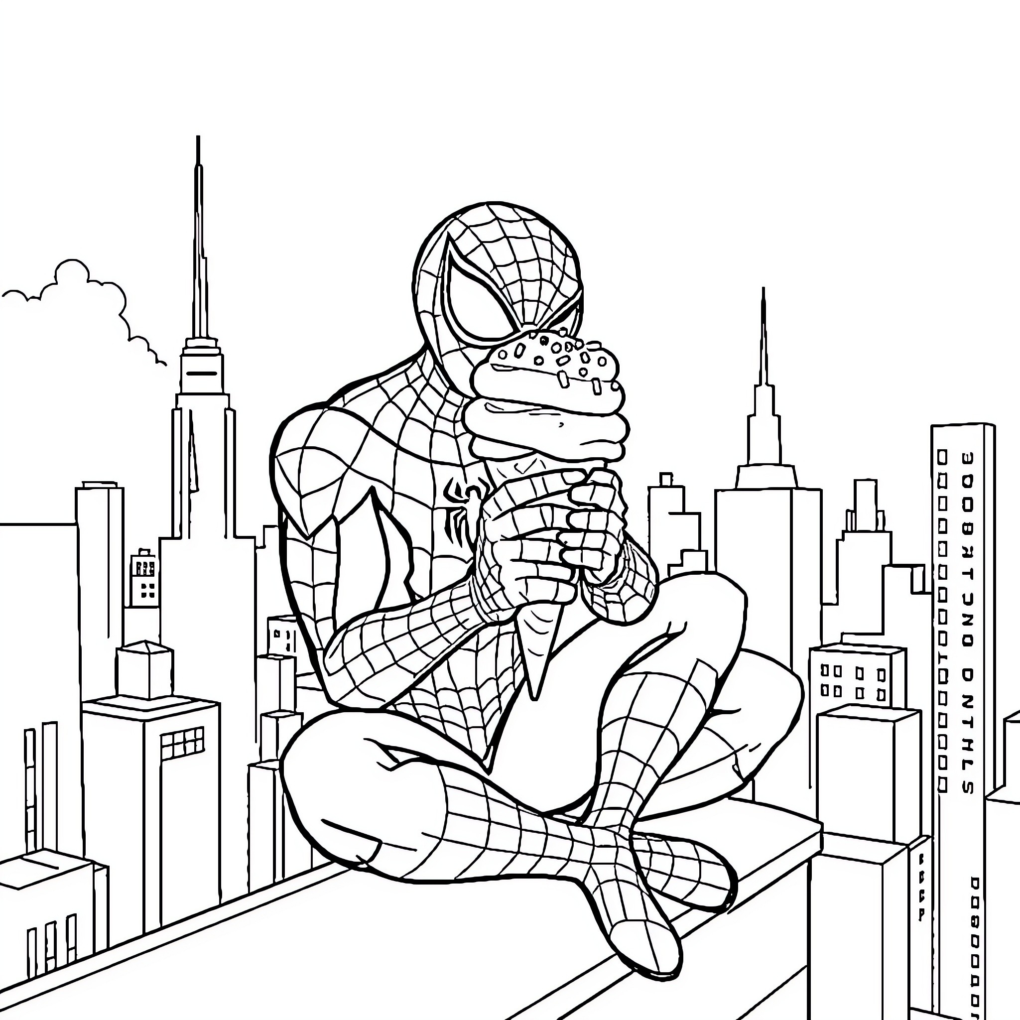 Spiderman swinging through the city and enjoying a snack Coloring Page (free black-and-white line drawing printable PDF for all, from beginners to advanced learners, including children, teens, adults, and seniors)