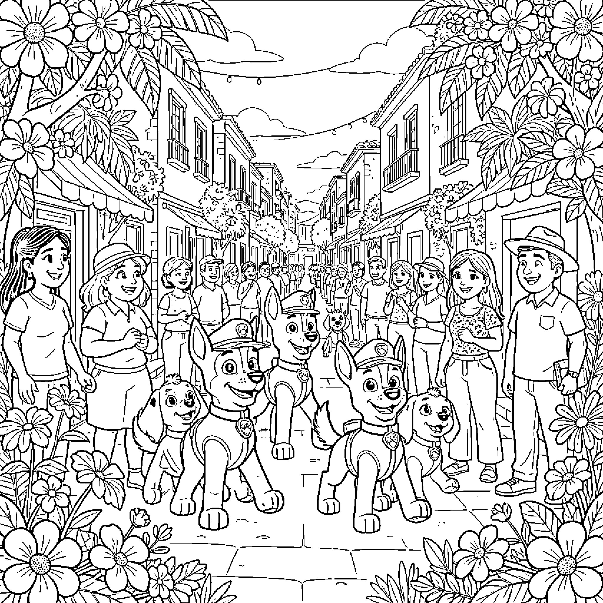 Paw Patrol Characters in a Vibrant Town Scene Coloring Page (free black-and-white line drawing printable PDF for all, from beginners to advanced learners, including children, teens, adults, and seniors)