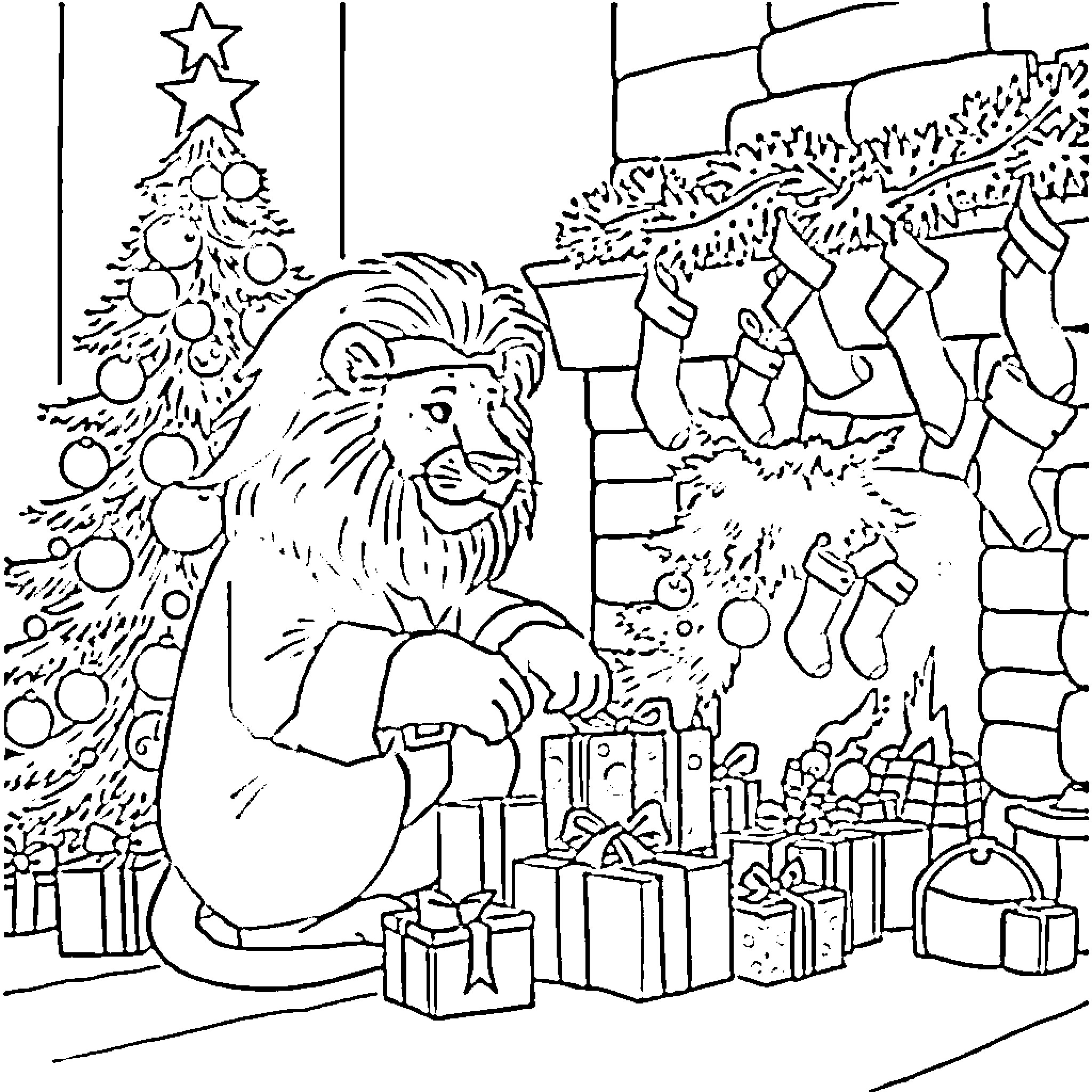 Lion decorating Christmas tree with gifts Coloring Page (free black-and-white line drawing printable PDF for all, from beginners to advanced learners, including children, teens, adults, and seniors)