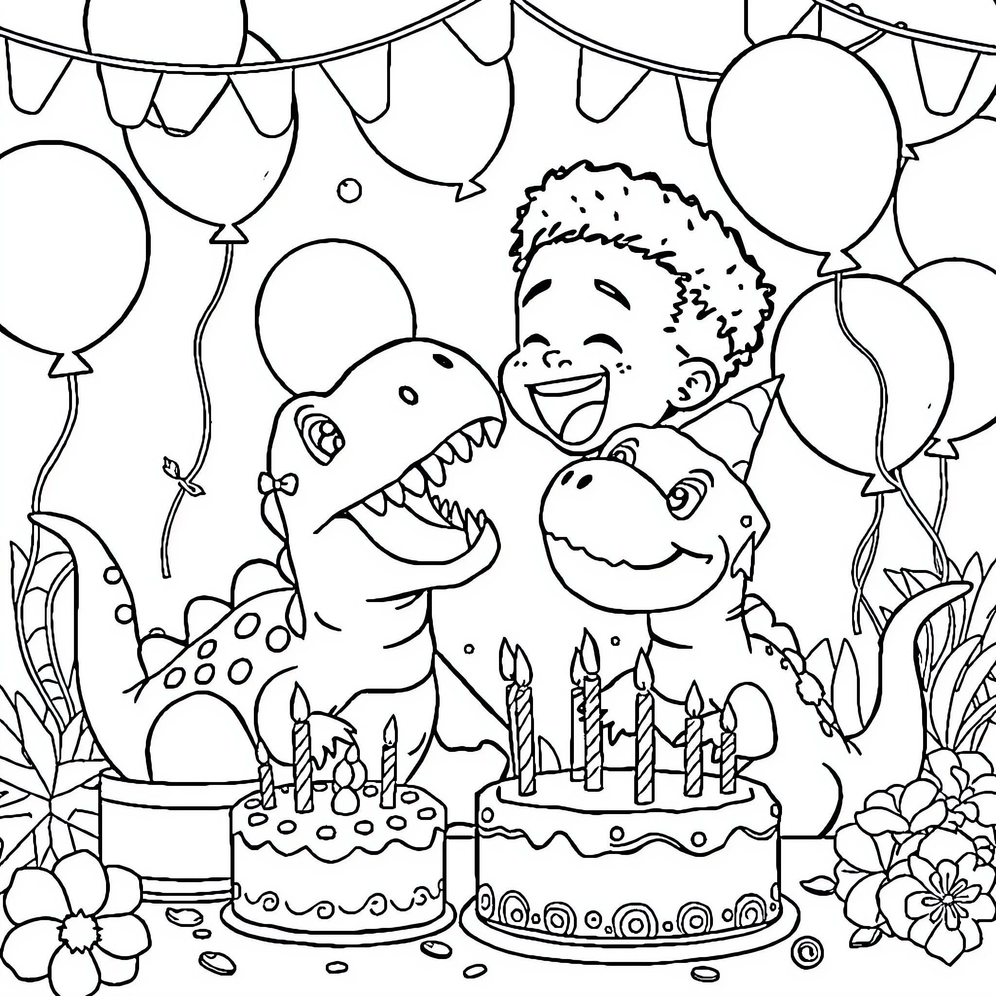 Toddler celebrating birthday with dinosaur friends Coloring Page (free black-and-white line drawing printable PDF for all, from beginners to advanced learners, including children, teens, adults, and seniors)