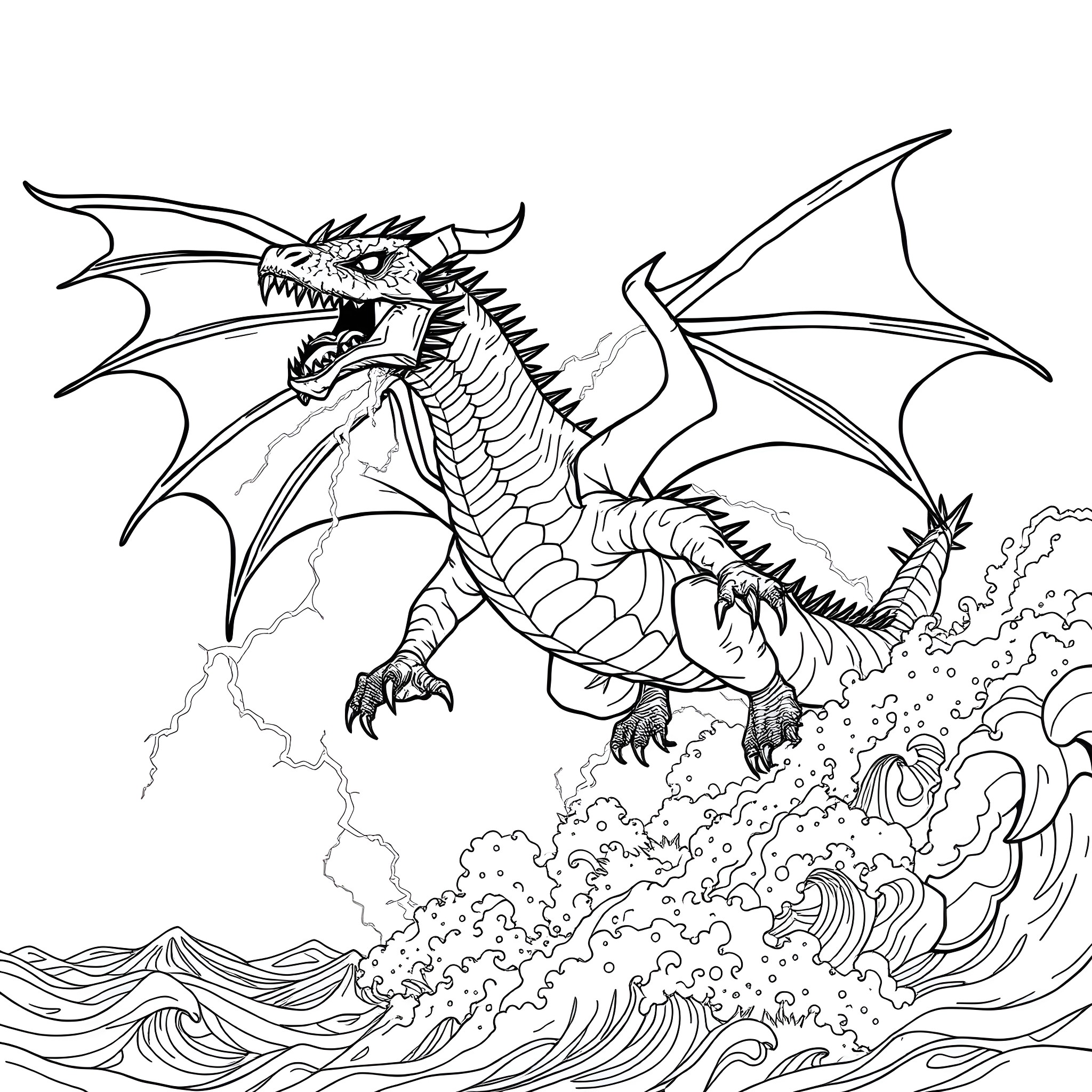 Skrill dragon soaring through stormy skies Coloring Page (free black-and-white line drawing printable PDF for all, from beginners to advanced learners, including children, teens, adults, and seniors)