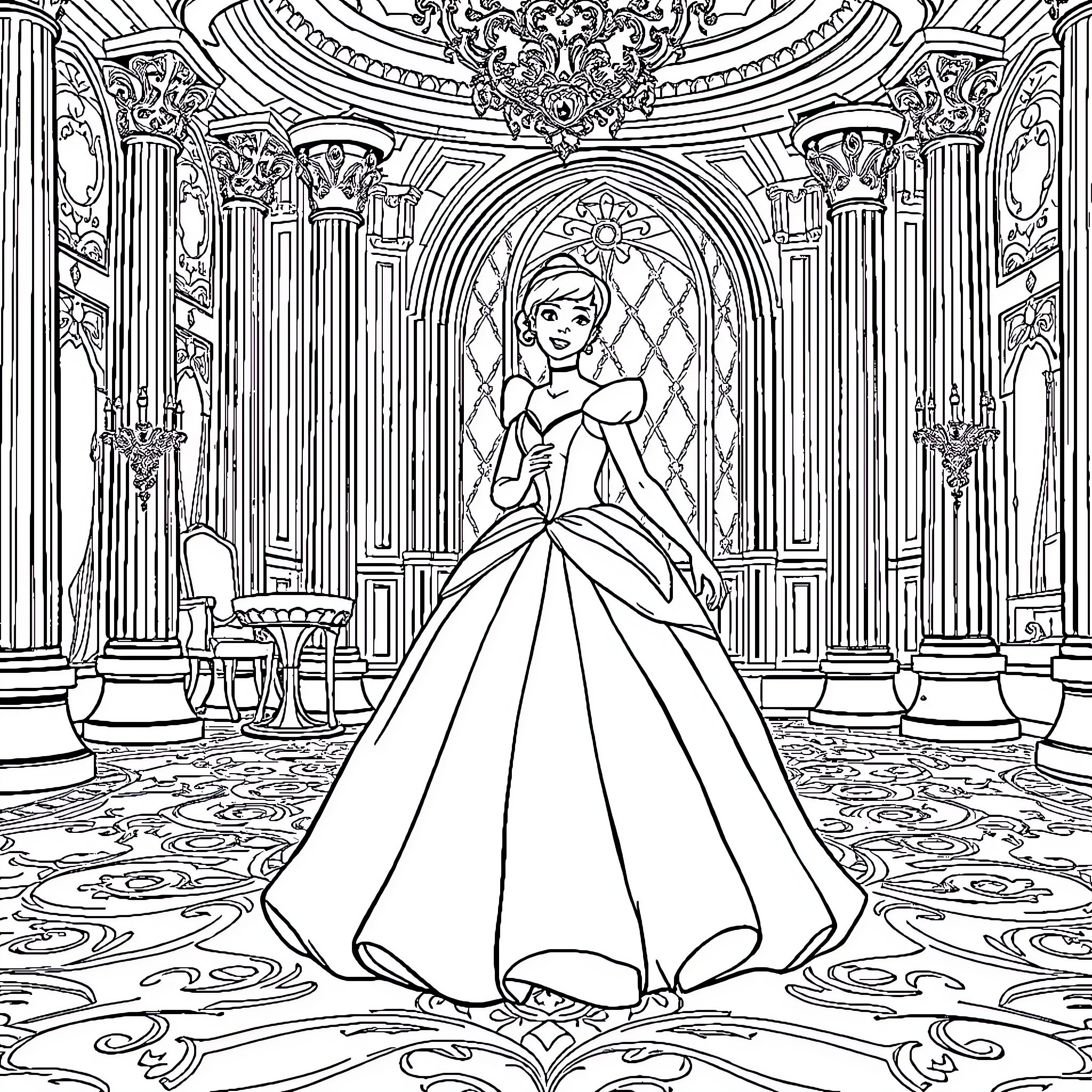 Cinderella in a grand palace ballroom Coloring Page (free black-and-white line drawing printable PDF for all, from beginners to advanced learners, including children, teens, adults, and seniors)