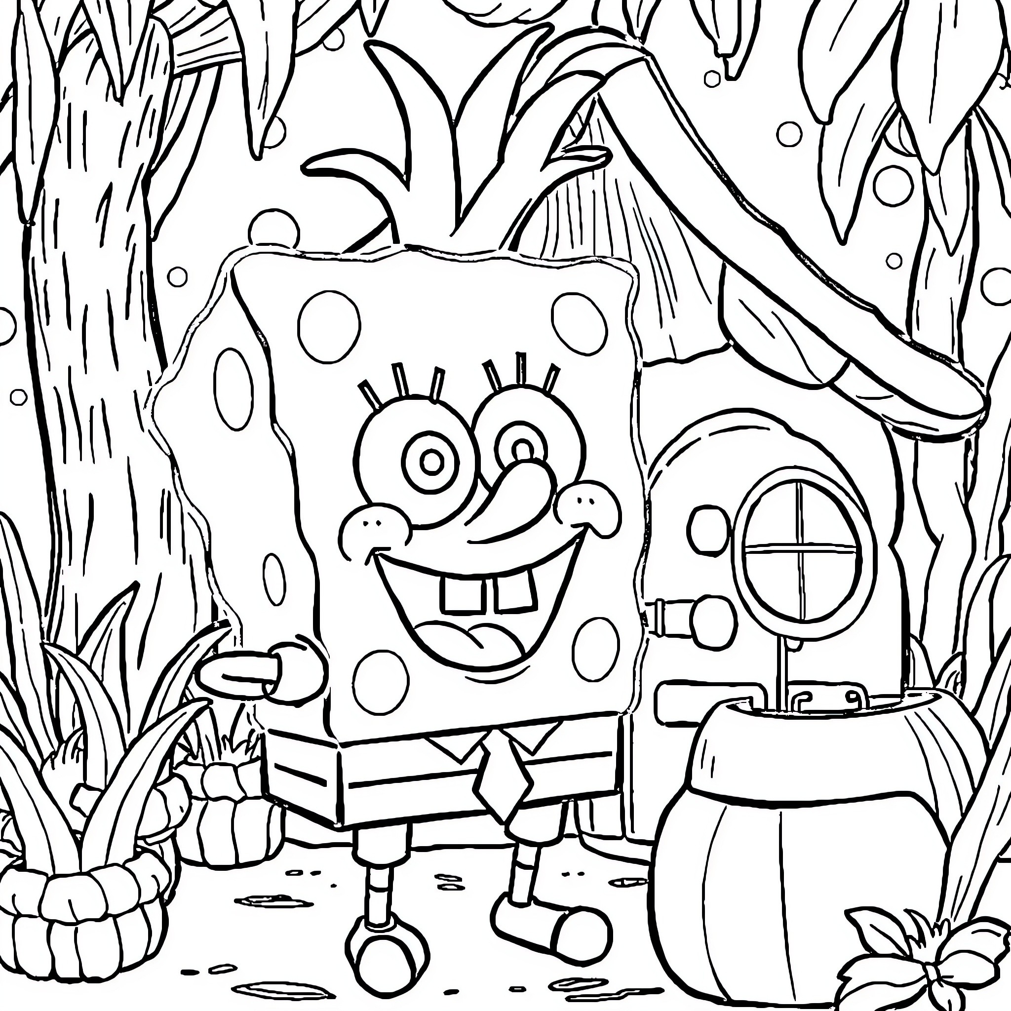 Spongebob enjoying a day in his whimsical underwater home Coloring Page (free black-and-white line drawing printable PDF for all, from beginners to advanced learners, including children, teens, adults, and seniors)