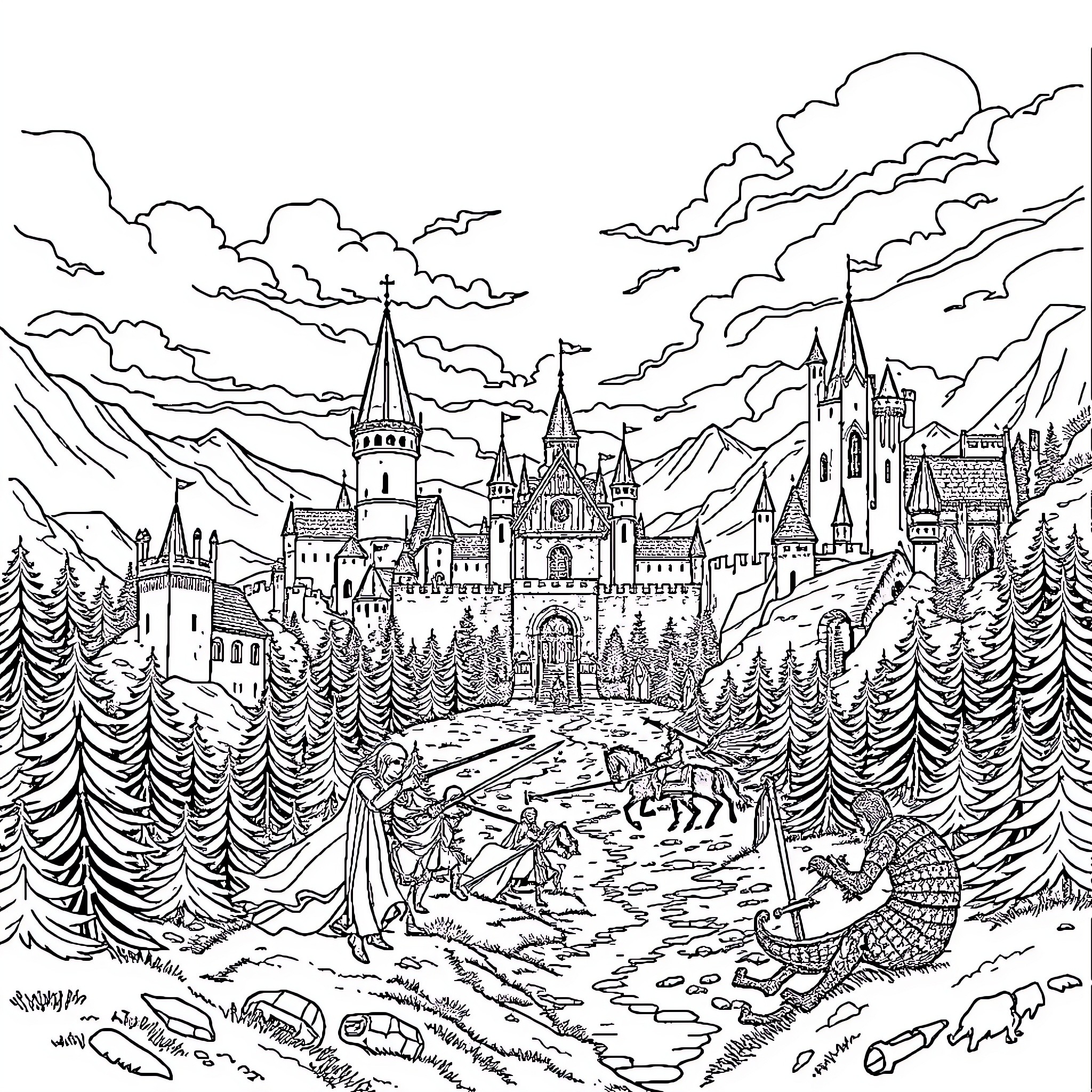 Kingdom of Majestic Castles and Wondrous Landscapes Coloring Page (free black-and-white line drawing printable PDF for all, from beginners to advanced learners, including children, teens, adults, and seniors)