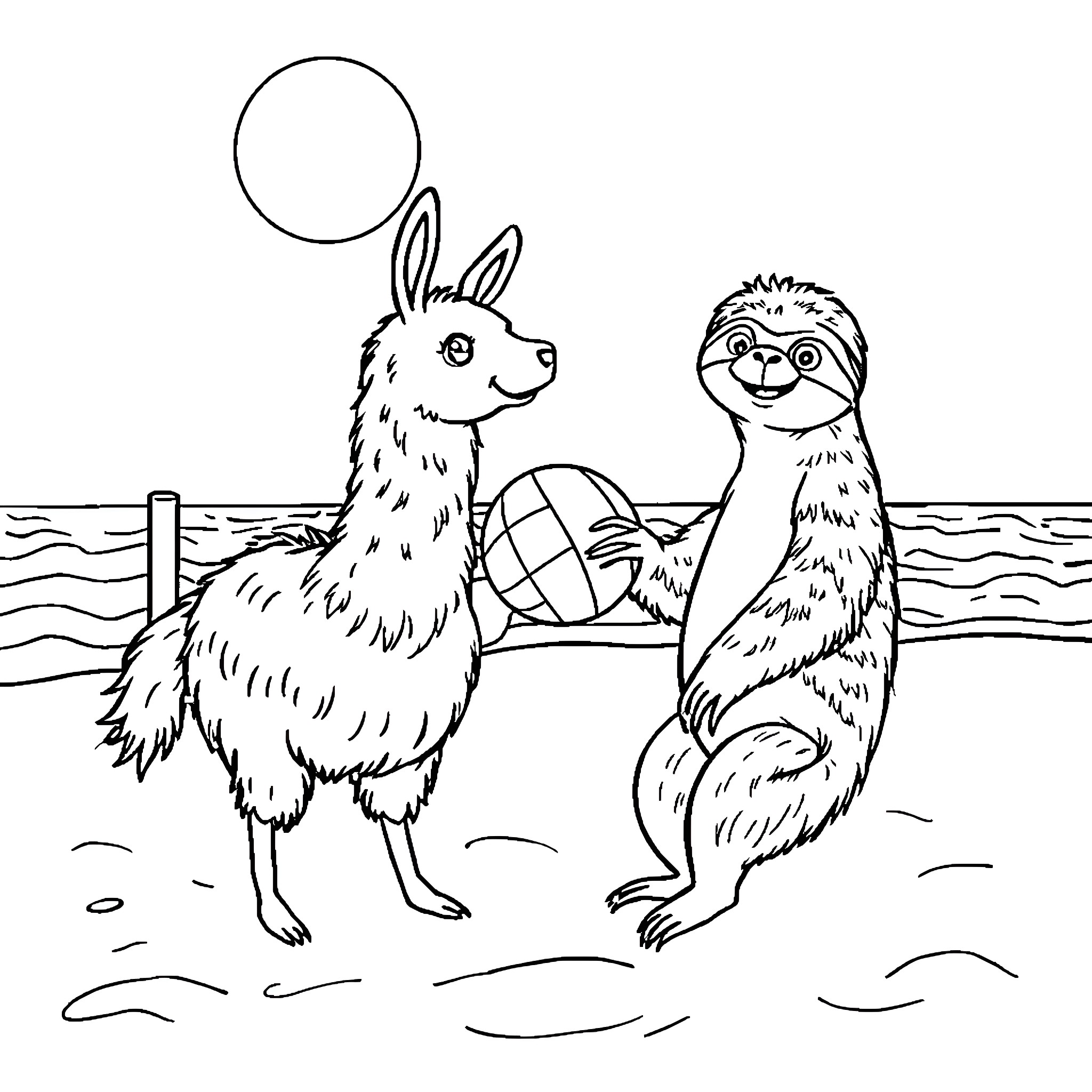 Llama and sloth playing with beach ball on shore Coloring Page (free black-and-white line drawing printable PDF for all, from beginners to advanced learners, including children, teens, adults, and seniors)