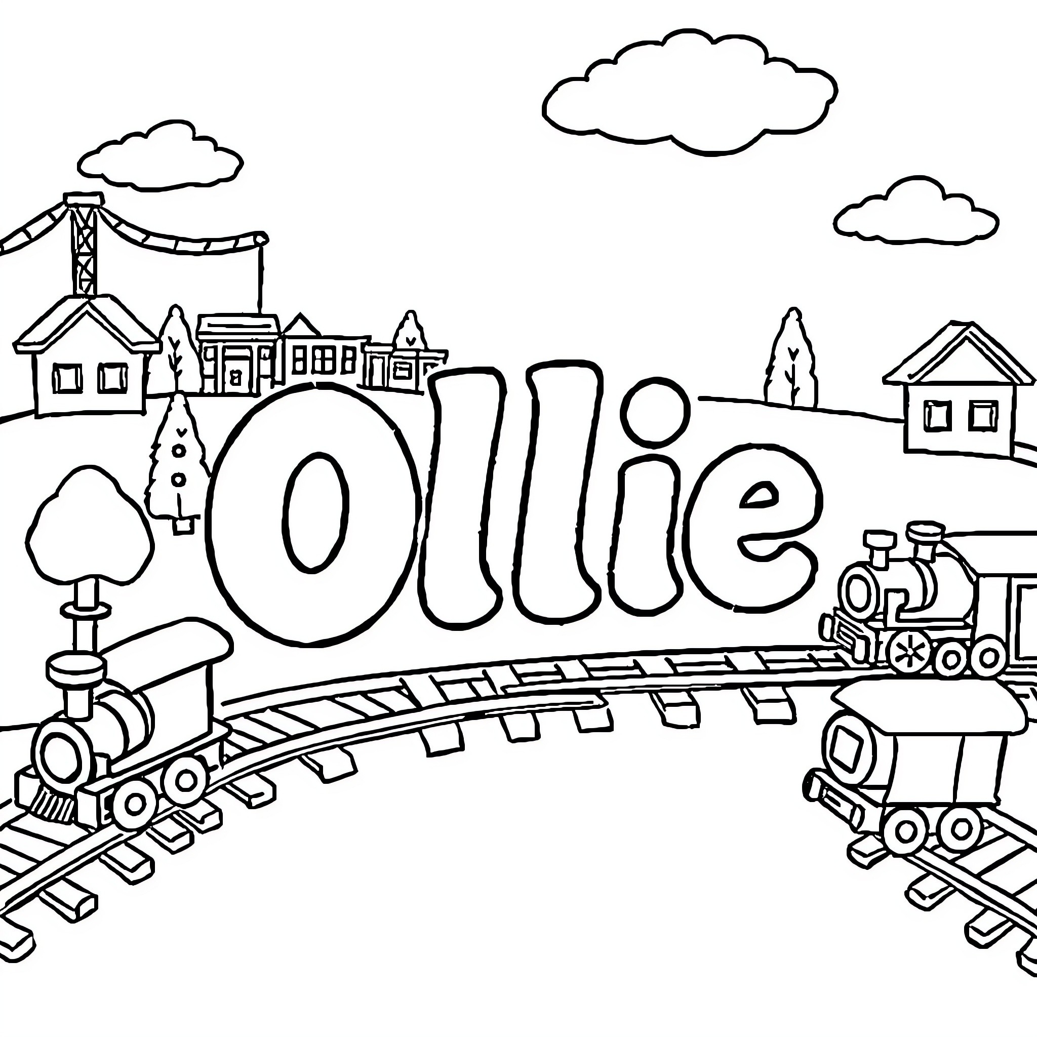 Ollie's Playful Railway Adventure Coloring Page (free black-and-white line drawing printable PDF for all, from beginners to advanced learners, including children, teens, adults, and seniors)