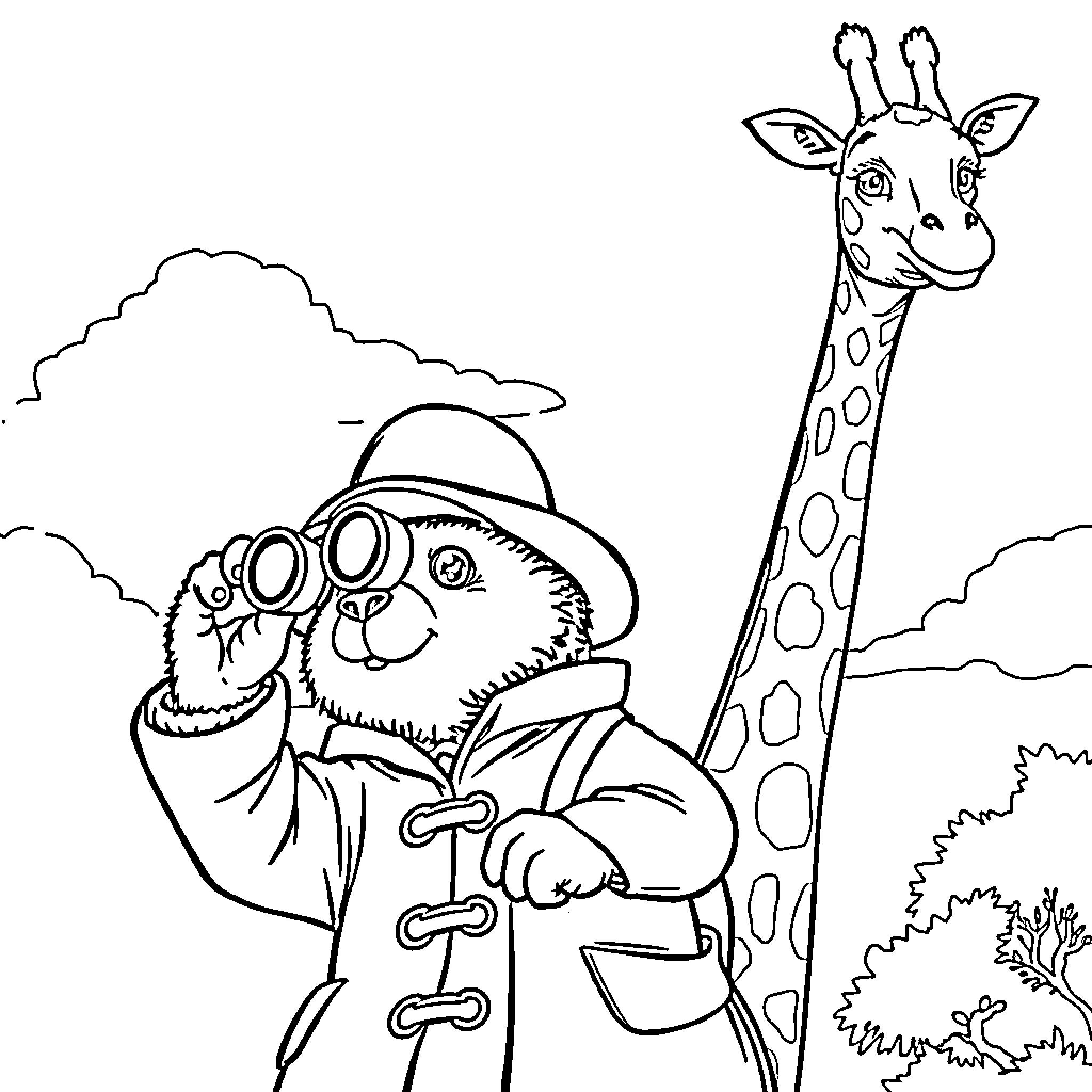 Paddington Bear exploring with a giraffe in the wilderness Coloring Page (free black-and-white line drawing printable PDF for all, from beginners to advanced learners, including children, teens, adults, and seniors)