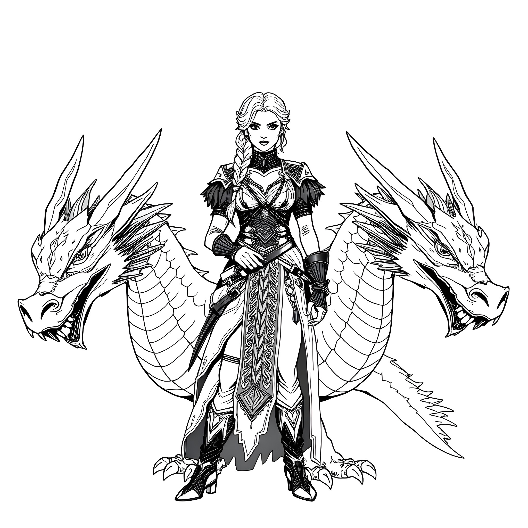 Woman in fantasy armor with mythical dragon companions Coloring Page (free black-and-white line drawing printable PDF for all, from beginners to advanced learners, including children, teens, adults, and seniors)