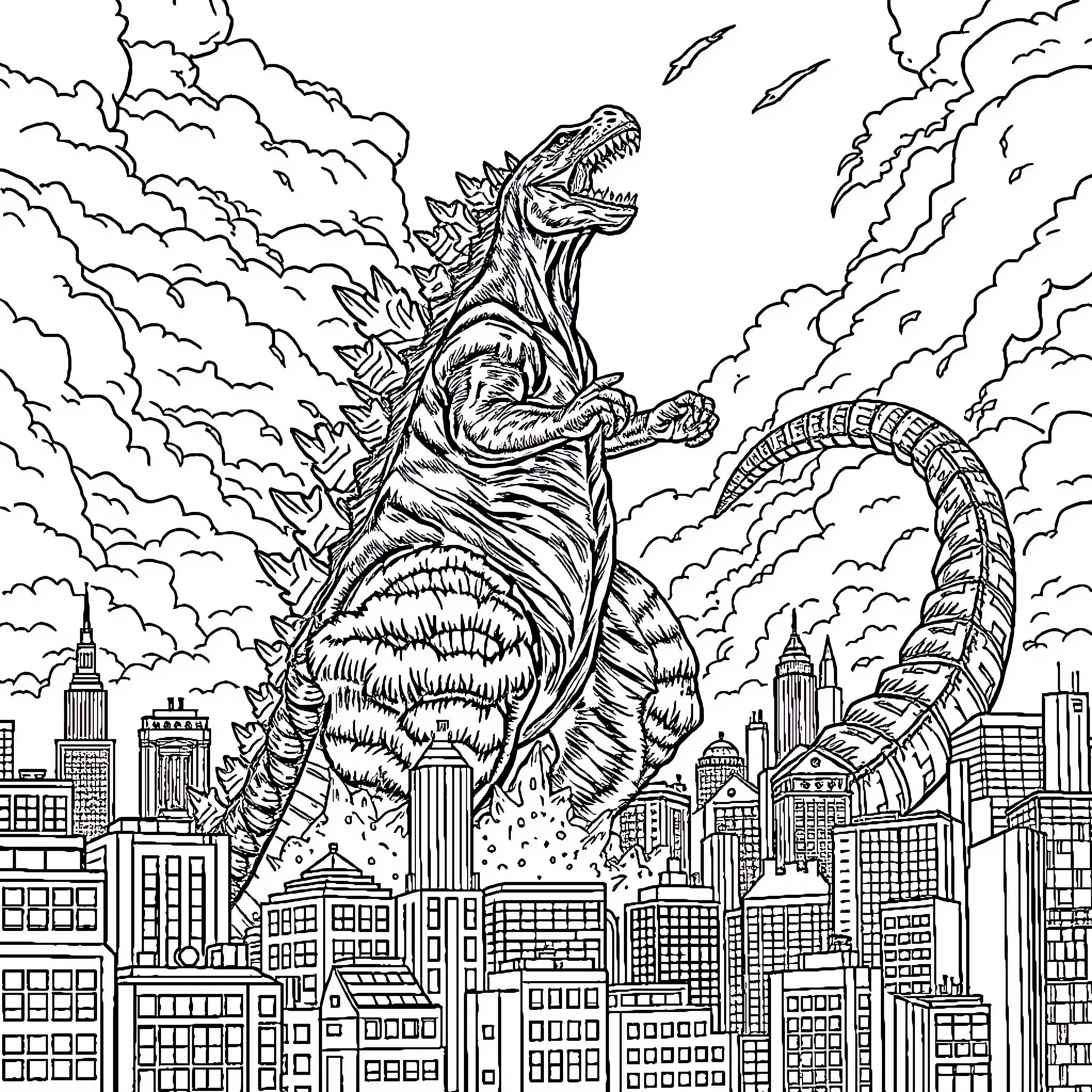 Godzilla wreaks havoc over the city skyline Coloring Page (free black-and-white line drawing printable PDF for all, from beginners to advanced learners, including children, teens, adults, and seniors)