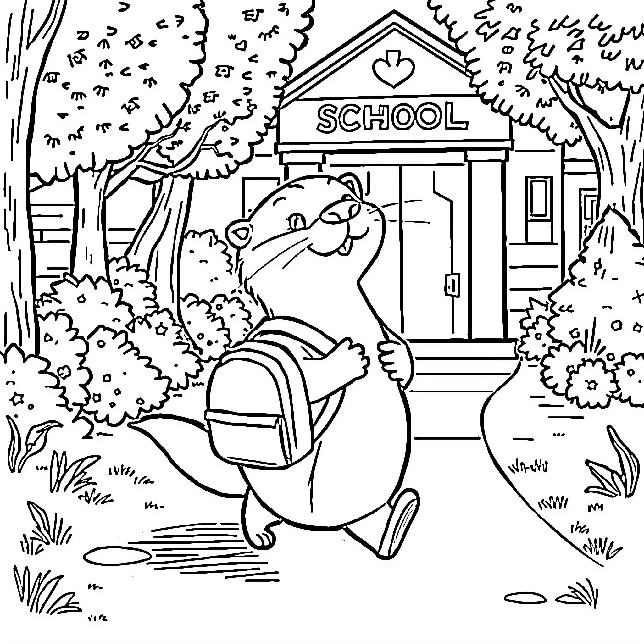 Otter carrying backpack walking to school Coloring Page (free black-and-white line drawing printable PDF for all, from beginners to advanced learners, including children, teens, adults, and seniors)