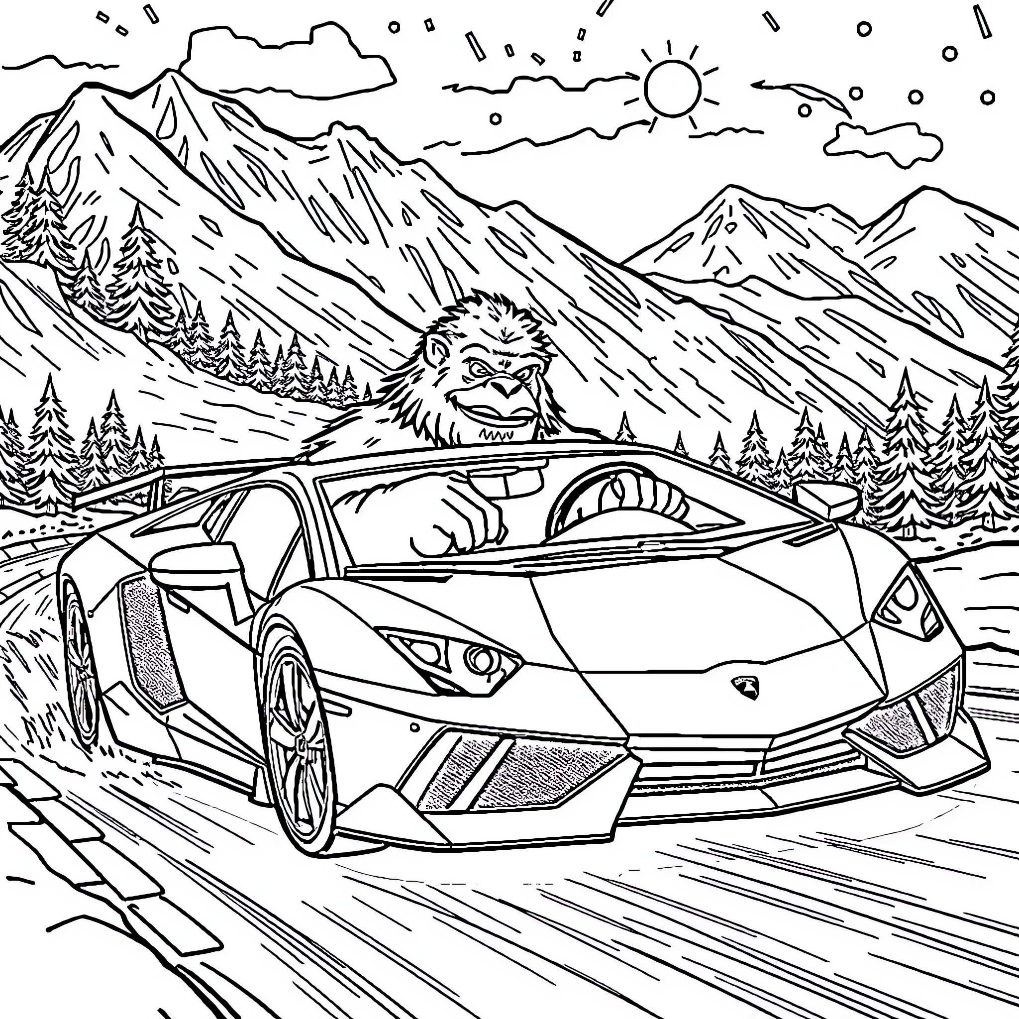 Yeti driving a sports car in the mountains Coloring Page (free black-and-white line drawing printable PDF for all, from beginners to advanced learners, including children, teens, adults, and seniors)