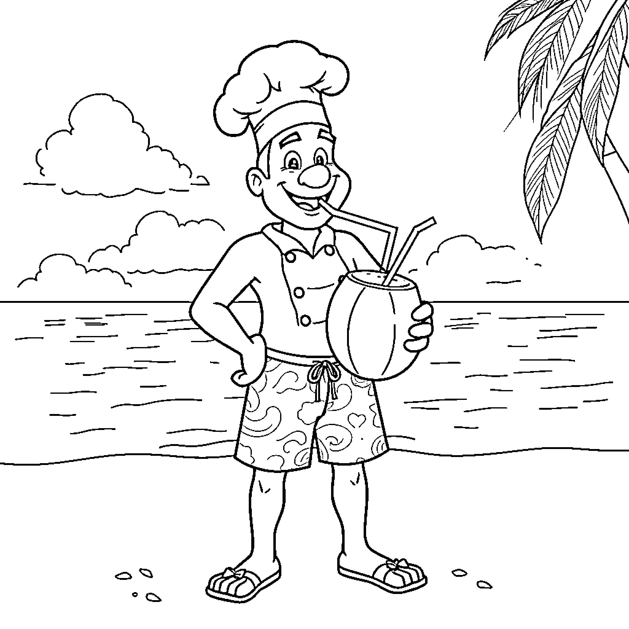Chef serving tropical drink on the beach Coloring Page (free black-and-white line drawing printable PDF for all, from beginners to advanced learners, including children, teens, adults, and seniors)
