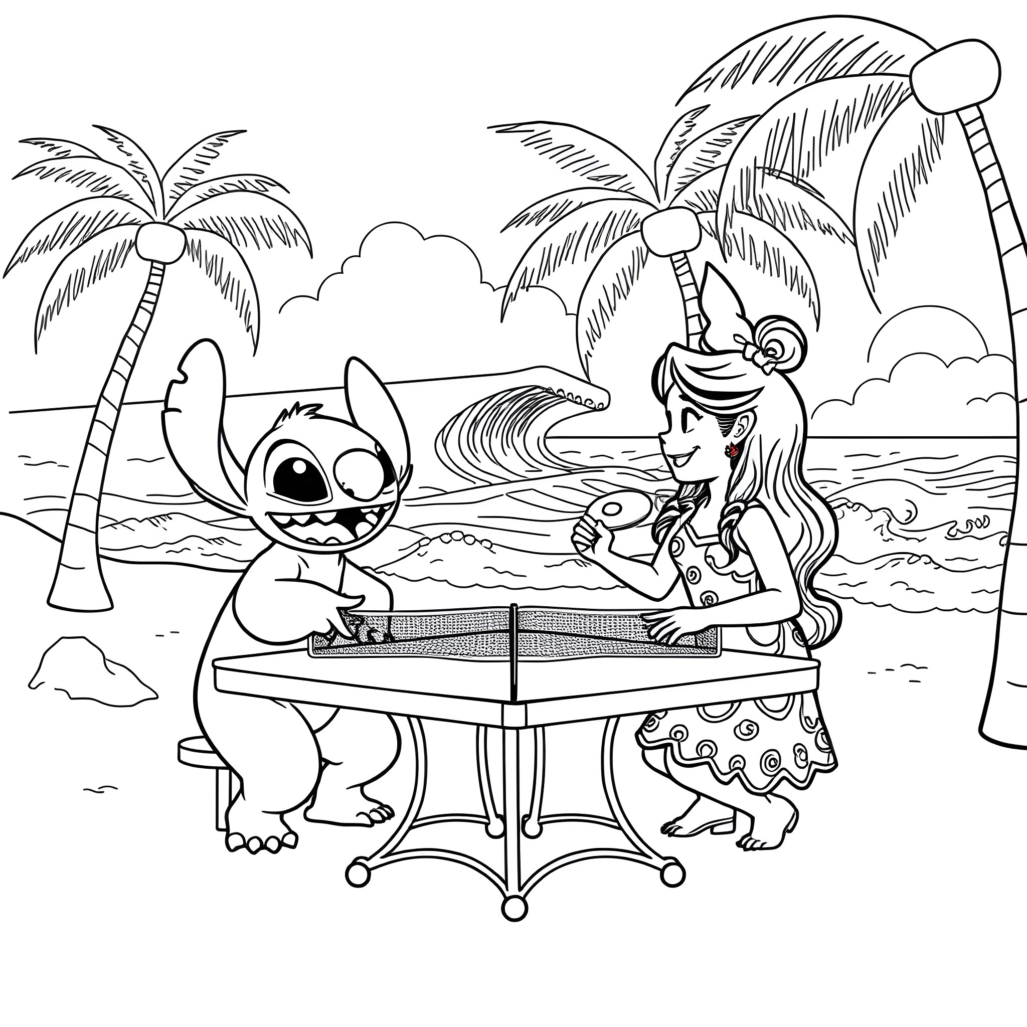 Lilo and Stitch playing together on a tropical beach Coloring Page (free black-and-white line drawing printable PDF for all, from beginners to advanced learners, including children, teens, adults, and seniors)