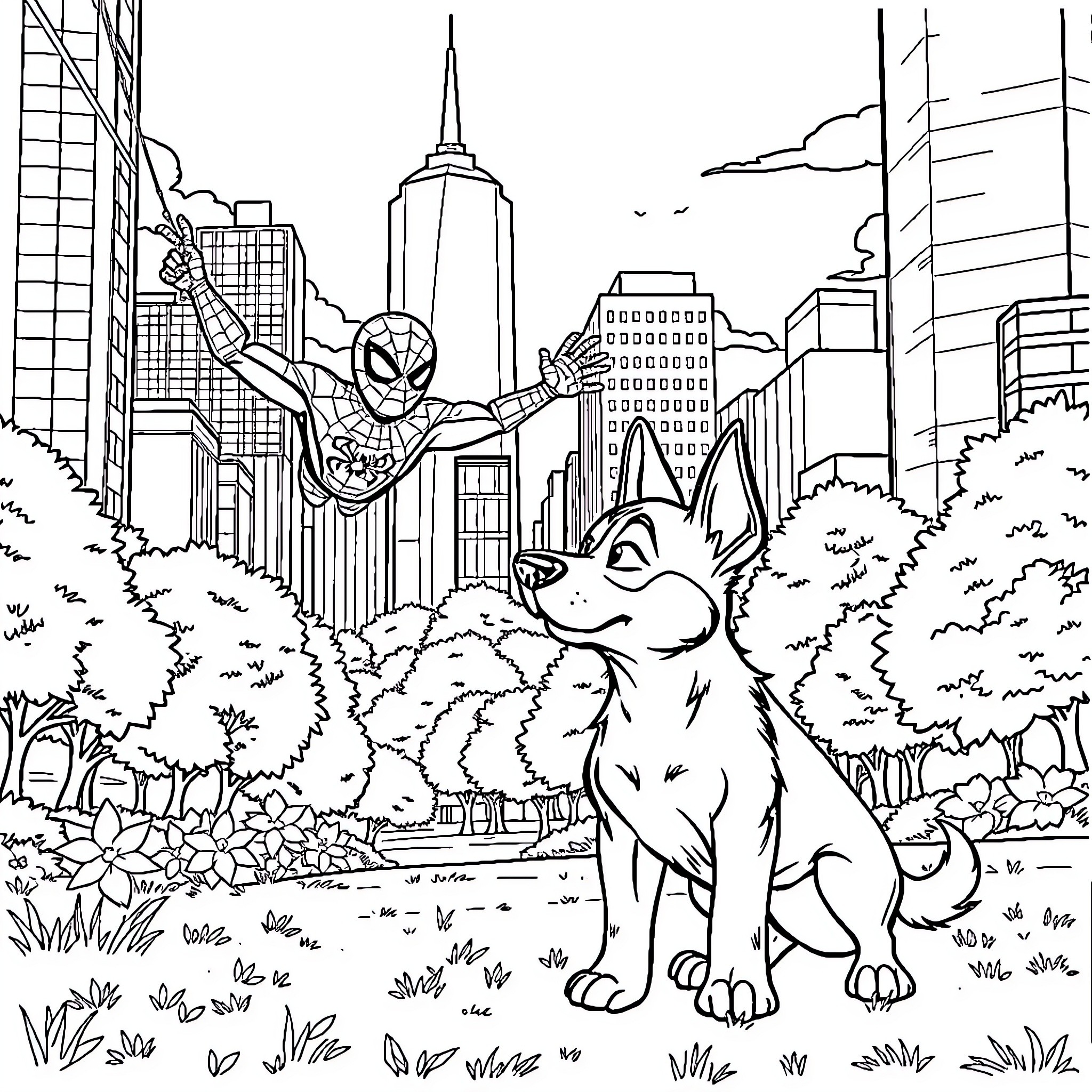 Spiderman swinging through cityscape with a wolf Coloring Page (free black-and-white line drawing printable PDF for all, from beginners to advanced learners, including children, teens, adults, and seniors)