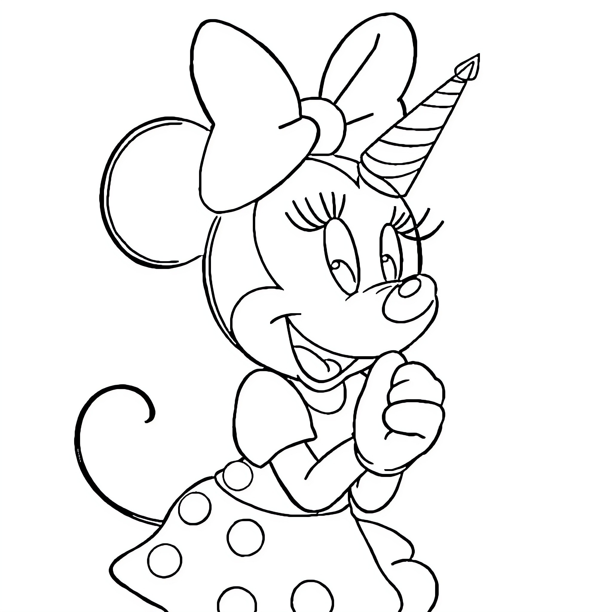 Minnie wearing a party outfit and holding a star wand Coloring Page (free black-and-white line drawing printable PDF for all, from beginners to advanced learners, including children, teens, adults, and seniors)