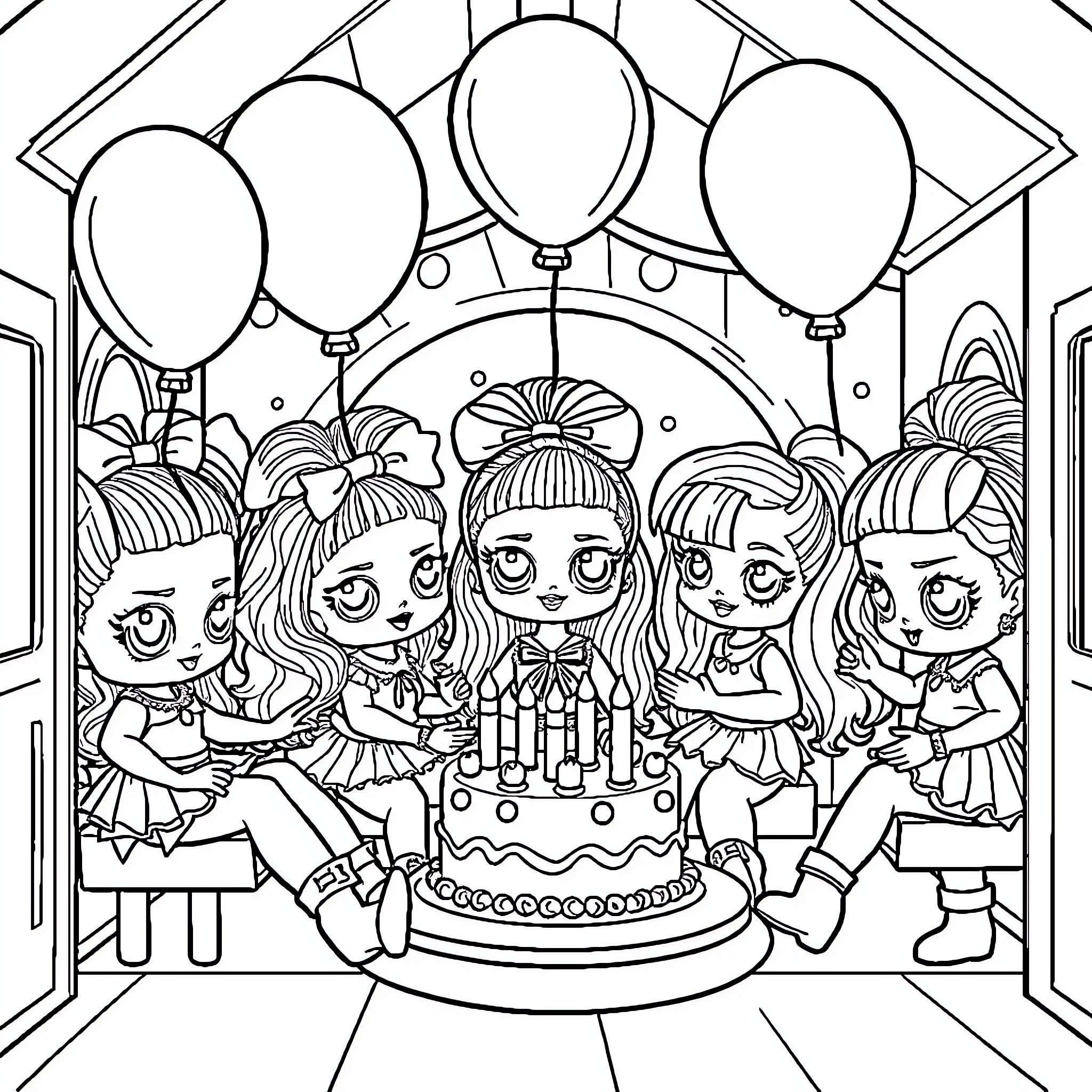 Lol Doll Girls Celebrating with Cake and Balloons Coloring Page (free black-and-white line drawing printable PDF for all, from beginners to advanced learners, including children, teens, adults, and seniors)