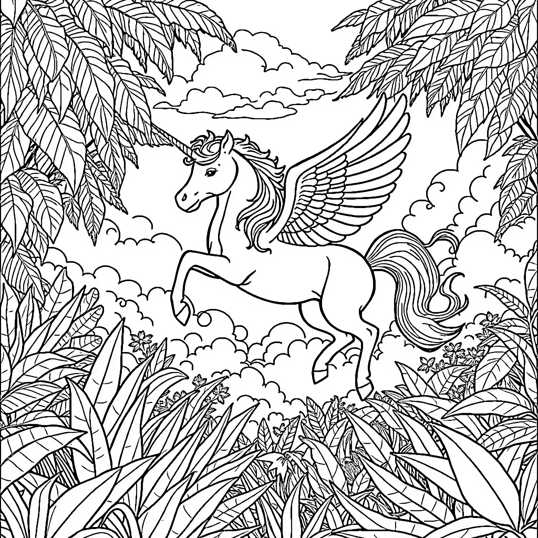 Unicorn Soaring in Enchanted Forest Coloring Page (free black-and-white line drawing printable PDF for all, from beginners to advanced learners, including children, teens, adults, and seniors)