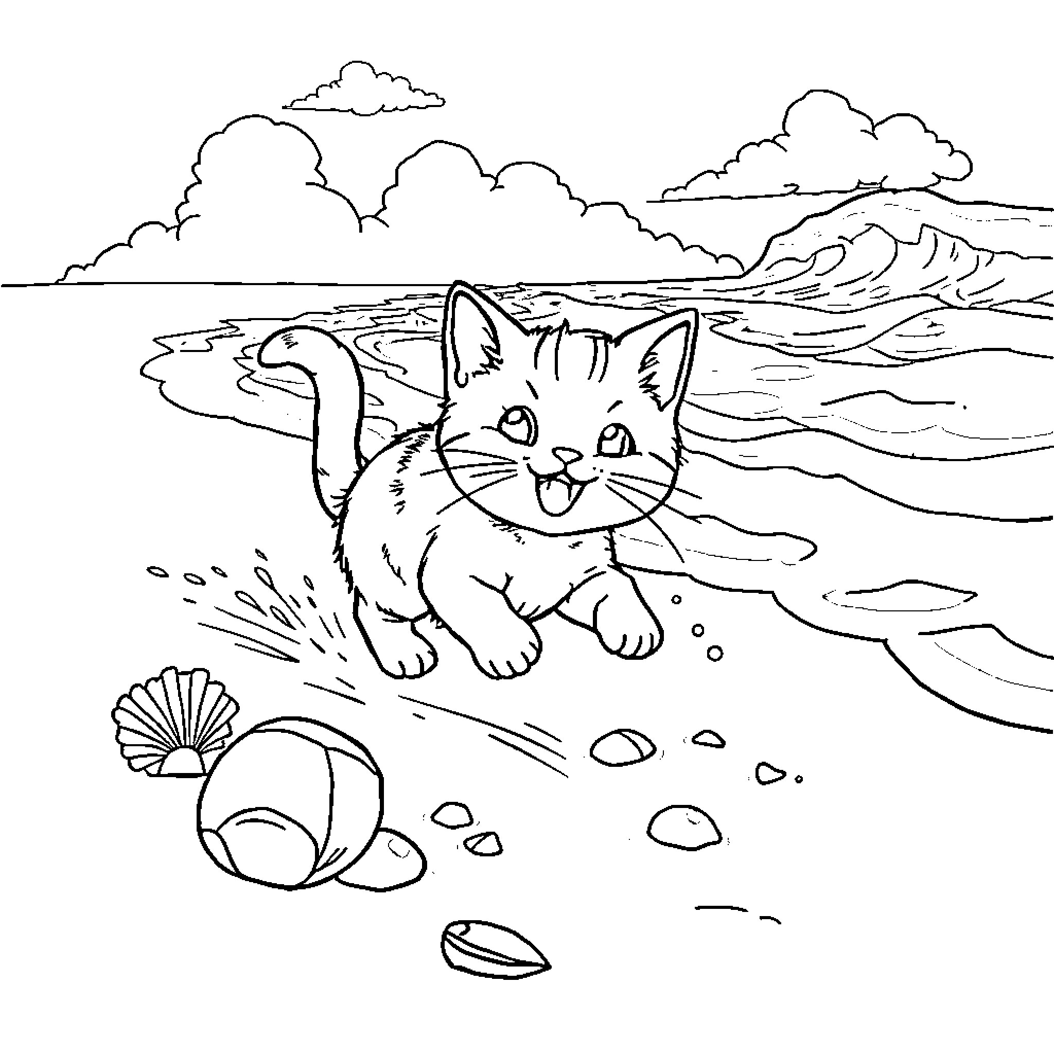 Cat exploring the beach with toys Coloring Page (free black-and-white line drawing printable PDF for all, from beginners to advanced learners, including children, teens, adults, and seniors)