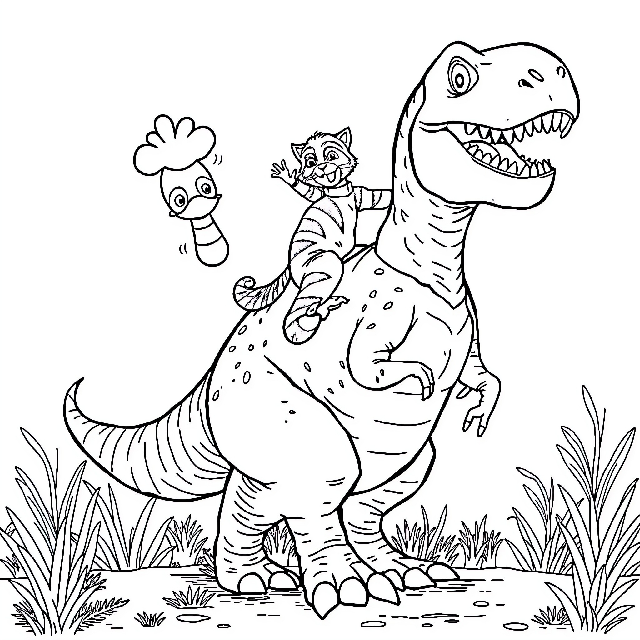 Chicken and friends playing in a dinosaur-themed scene Coloring Page (free black-and-white line drawing printable PDF for all, from beginners to advanced learners, including children, teens, adults, and seniors)