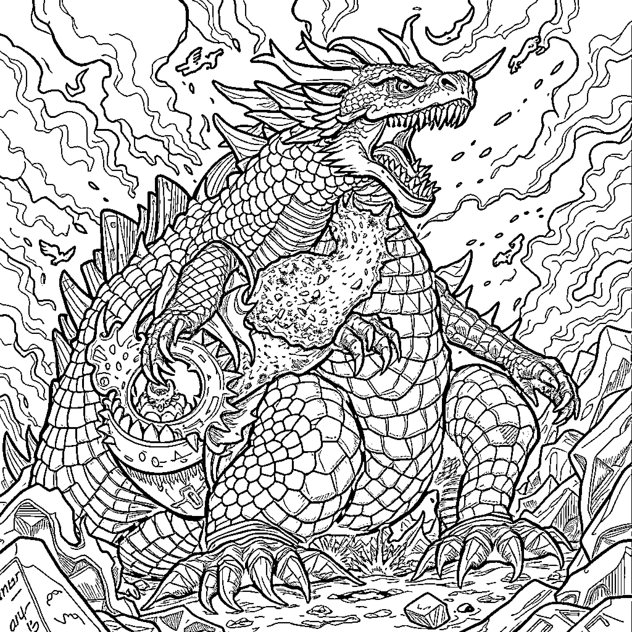 Dragon Unleashing Powerful Breath in Detailed Illustration Coloring Page (free black-and-white line drawing printable PDF for all, from beginners to advanced learners, including children, teens, adults, and seniors)