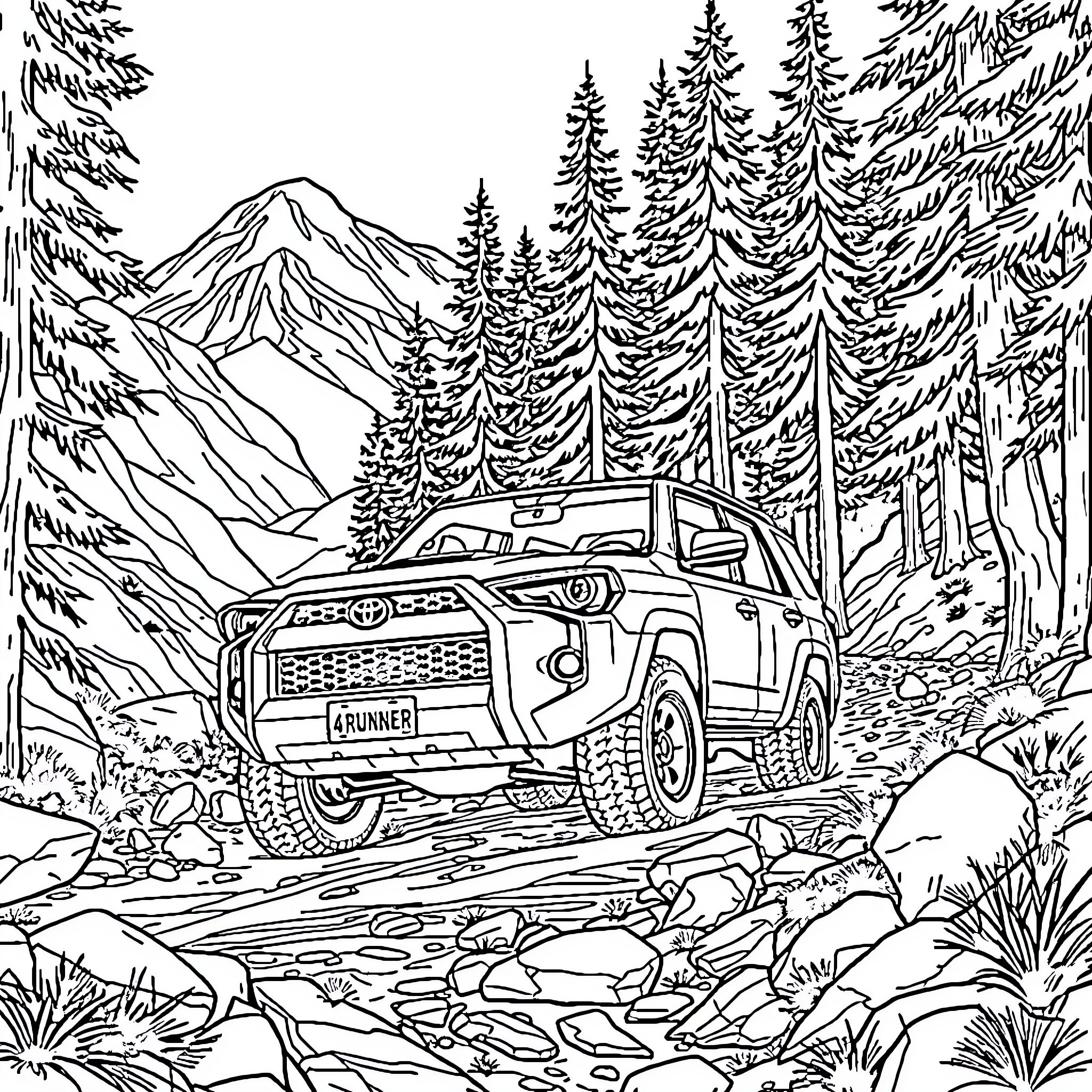 Toyota 4Runner Navigating through Rugged Terrain Coloring Page (free black-and-white line drawing printable PDF for all, from beginners to advanced learners, including children, teens, adults, and seniors)