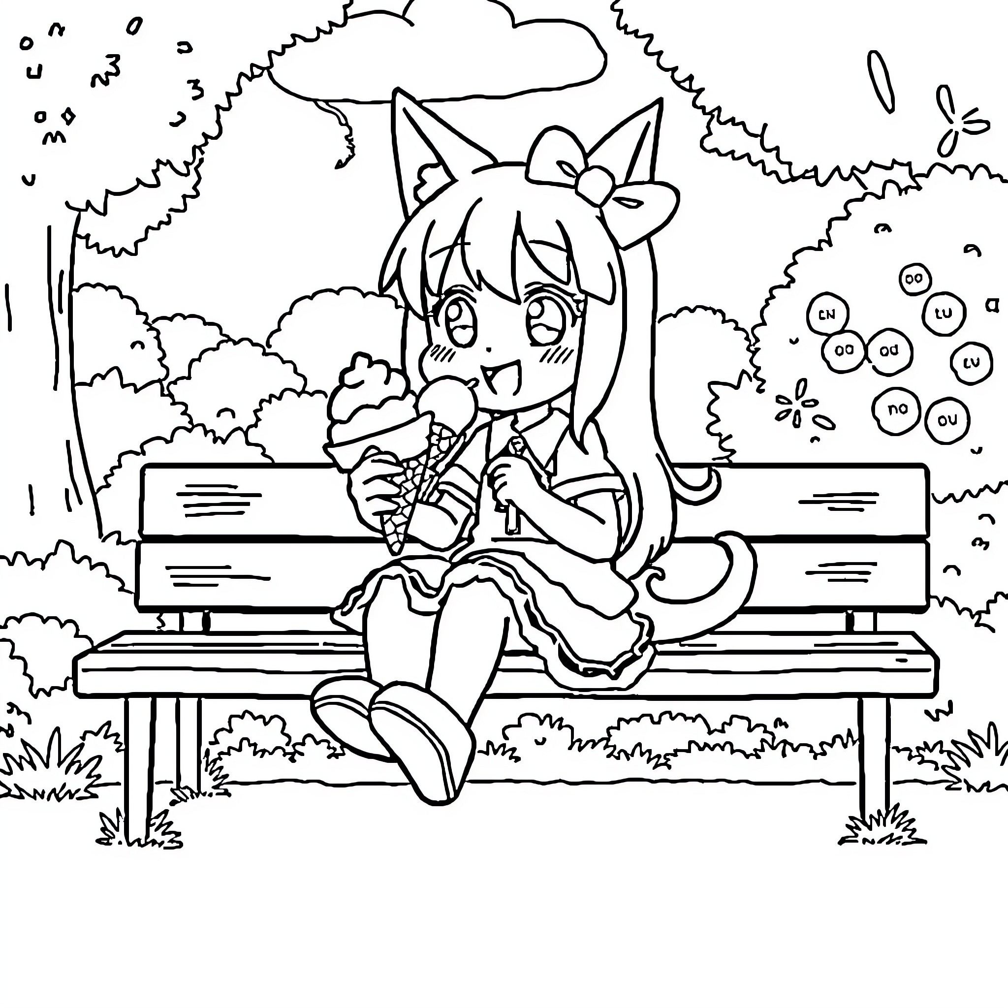 Kuromi enjoying a summer day in the park Coloring Page (free black-and-white line drawing printable PDF for all, from beginners to advanced learners, including children, teens, adults, and seniors)