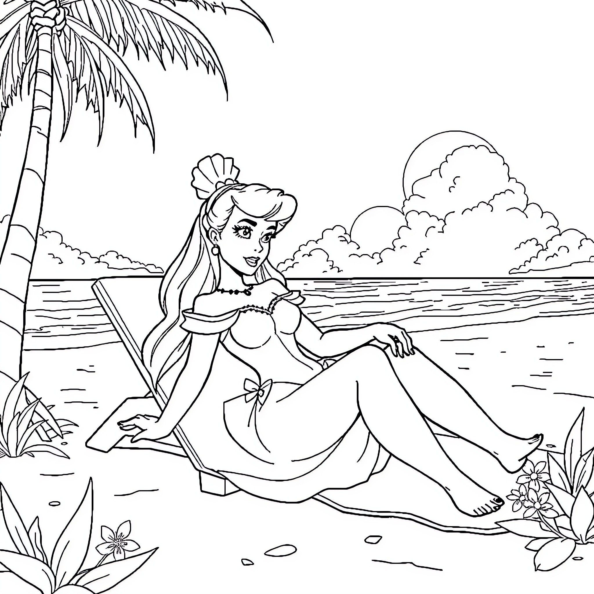 Cinderella relaxing on a tropical beach Coloring Page (free black-and-white line drawing printable PDF for all, from beginners to advanced learners, including children, teens, adults, and seniors)