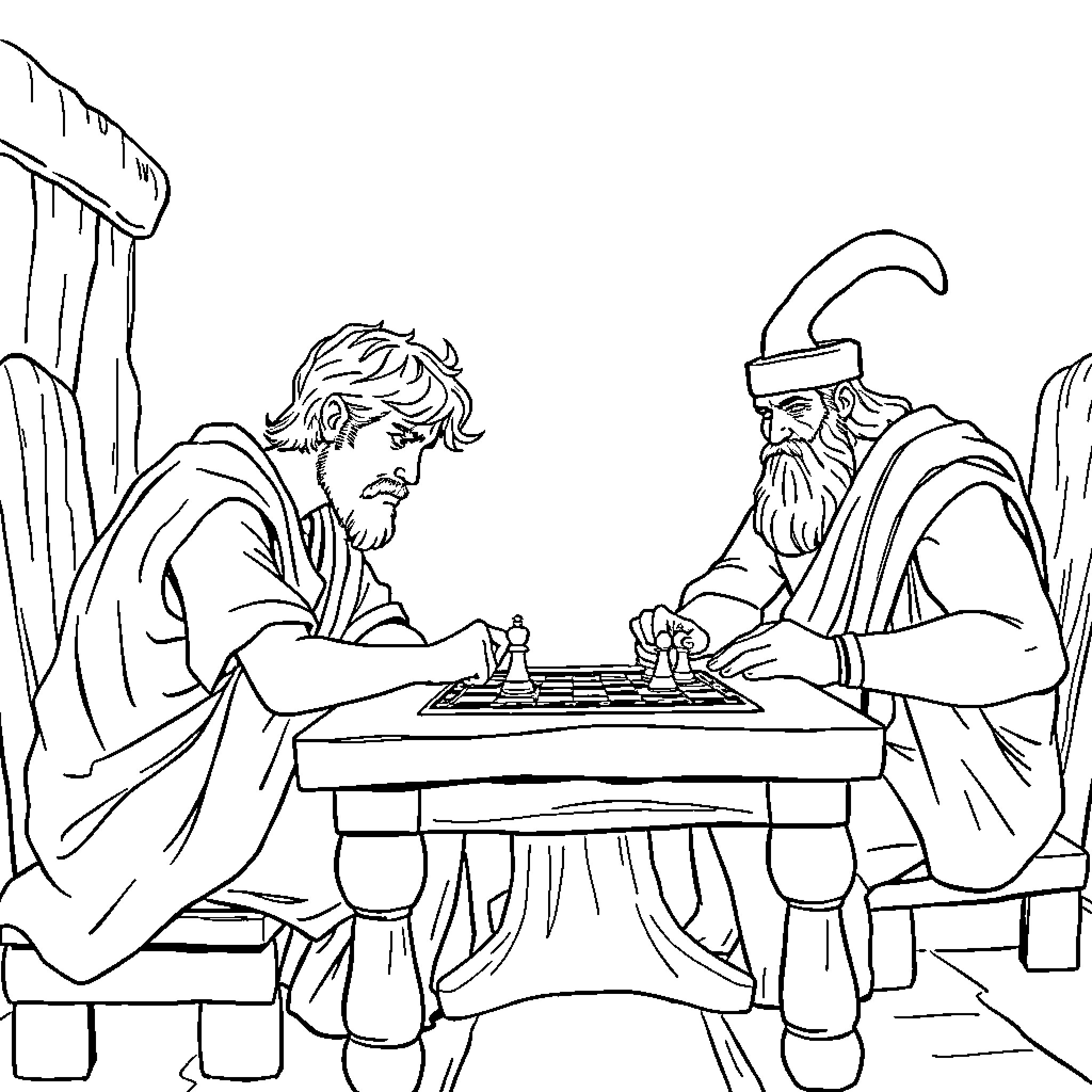 David Playing Chess with Old Wise Man Coloring Page (free black-and-white line drawing printable PDF for all, from beginners to advanced learners, including children, teens, adults, and seniors)