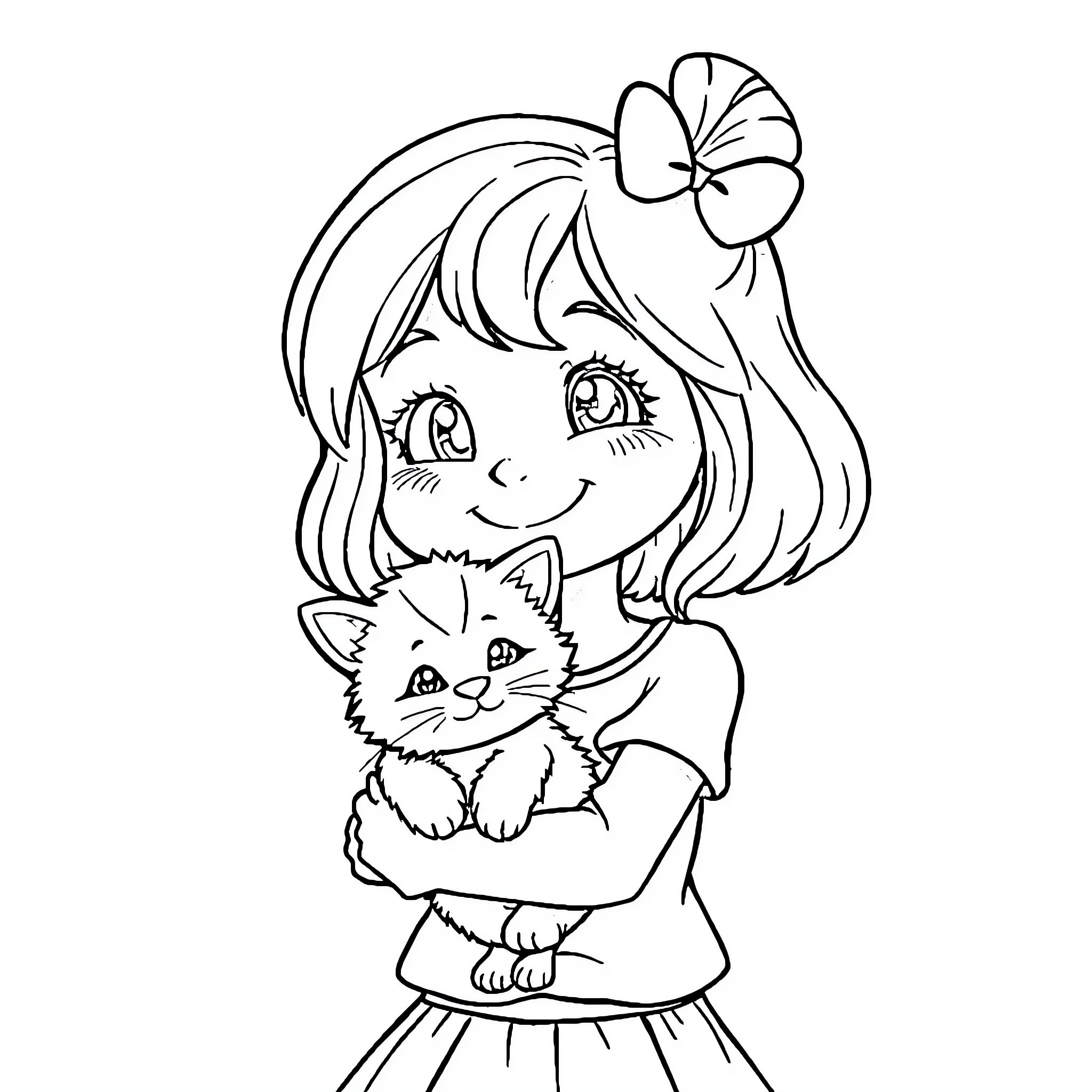 Girl Holding Adorable Kitten Playfully Coloring Page (free black-and-white line drawing printable PDF for all, from beginners to advanced learners, including children, teens, adults, and seniors)