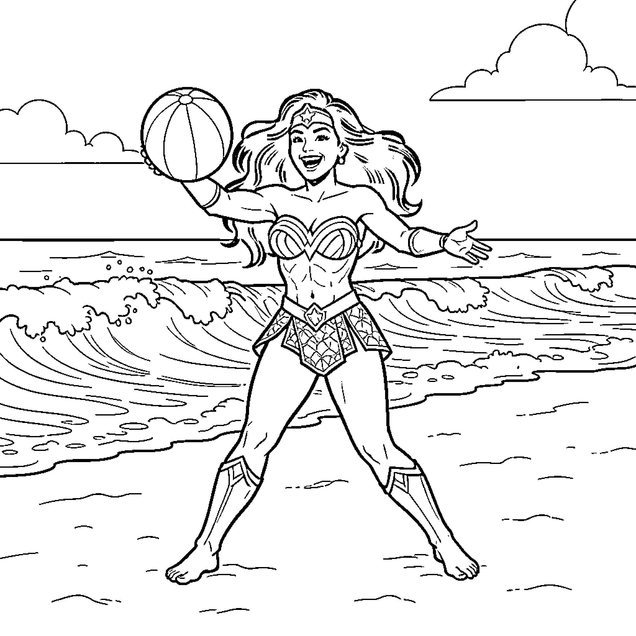 Wonder Woman playing on the beach with a ball Coloring Page (free black-and-white line drawing printable PDF for all, from beginners to advanced learners, including children, teens, adults, and seniors)