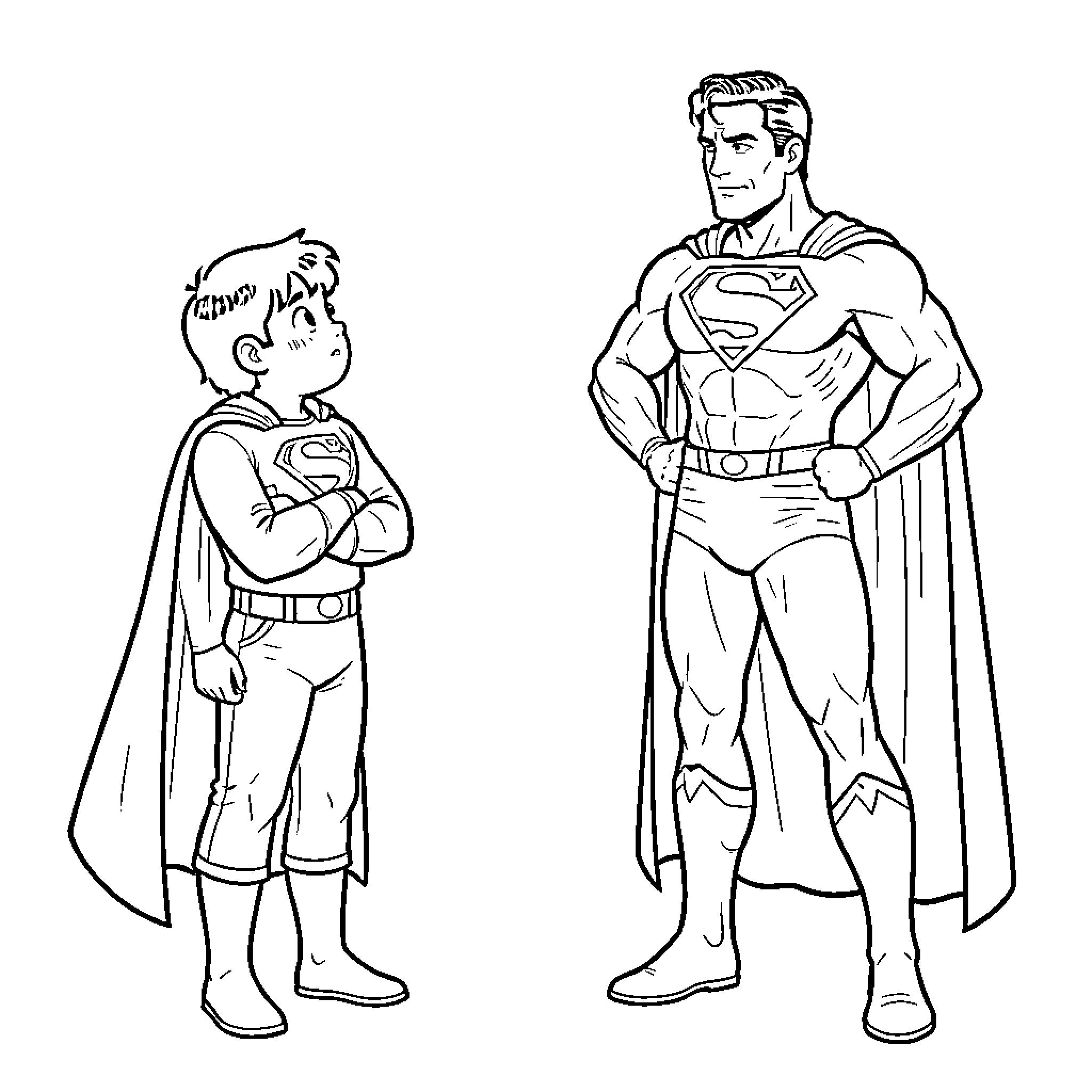 Tanjiro looking up at a superhero in a cape Coloring Page (free black-and-white line drawing printable PDF for all, from beginners to advanced learners, including children, teens, adults, and seniors)