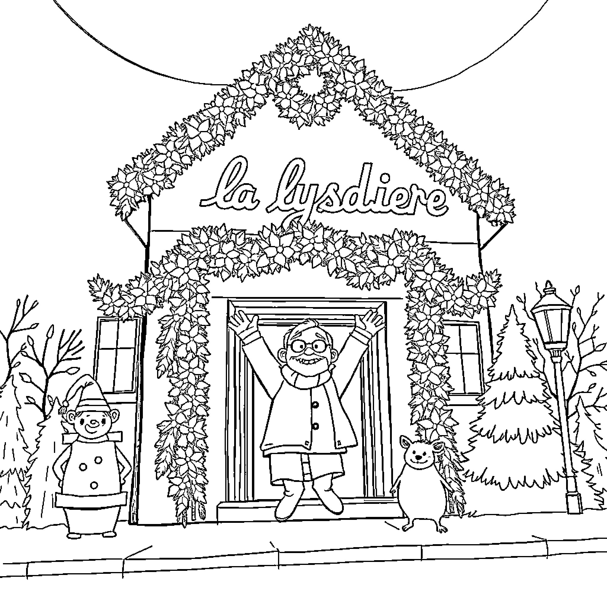 Bâtiment d'entrée décoré pour les festivités Coloring Page (free black-and-white line drawing printable PDF for all, from beginners to advanced learners, including children, teens, adults, and seniors)