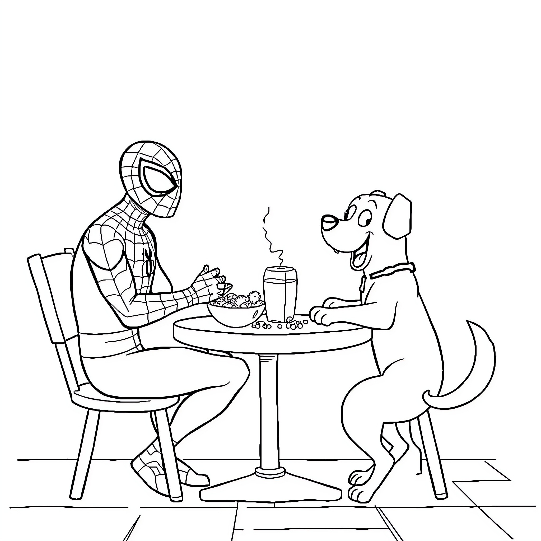 Spiderman Enjoying Snacks with His Canine Companion Coloring Page (free black-and-white line drawing printable PDF for all, from beginners to advanced learners, including children, teens, adults, and seniors)