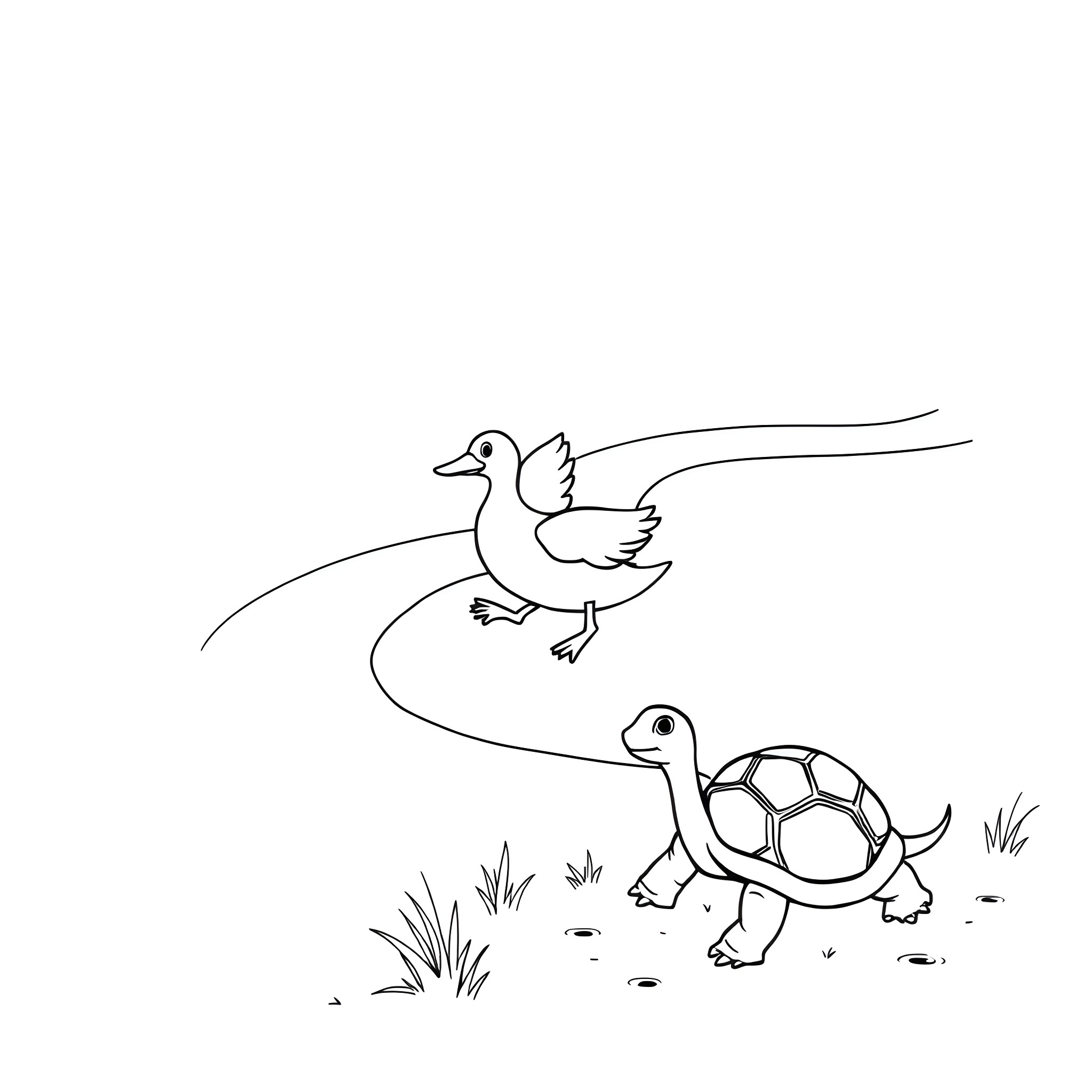 Duck chasing a turtle in the meadow Coloring Page (free black-and-white line drawing printable PDF for all, from beginners to advanced learners, including children, teens, adults, and seniors)