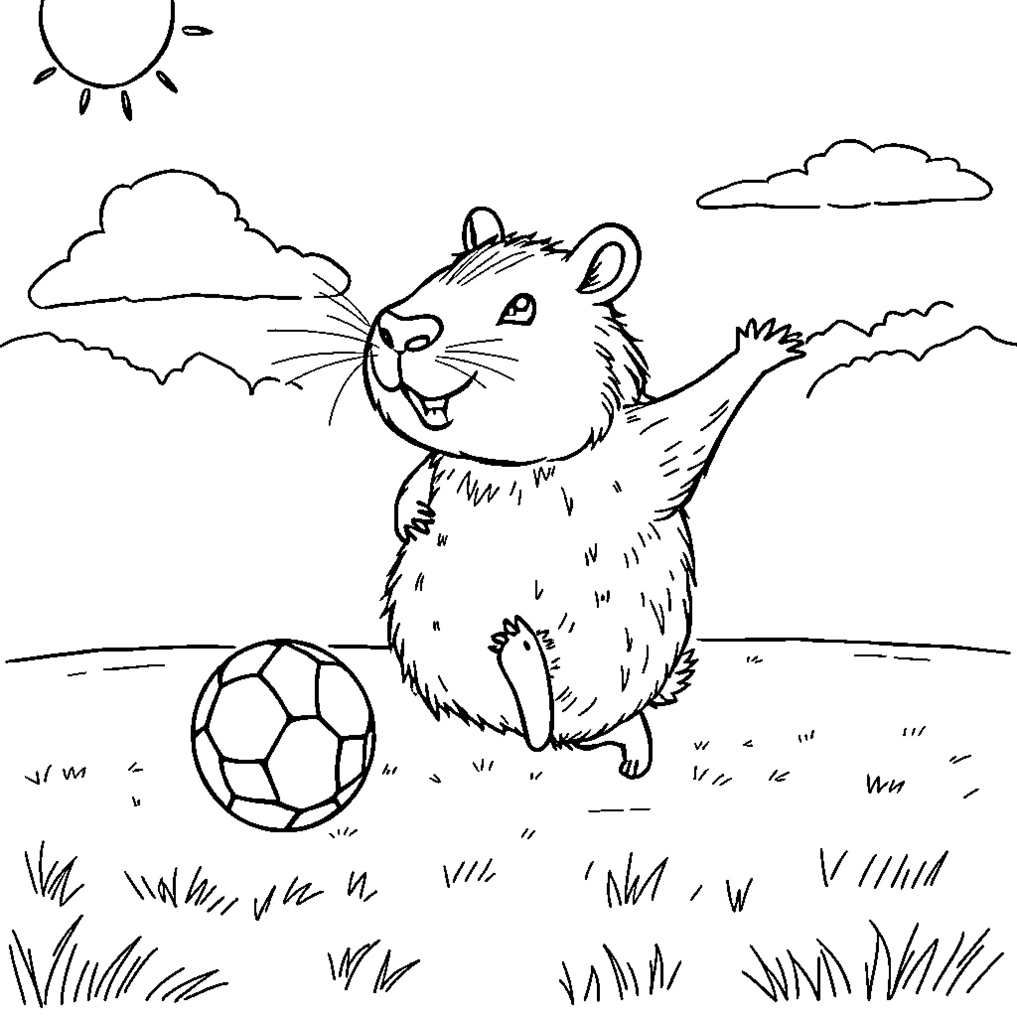 Capybara playing with soccer ball in the park Coloring Page (free black-and-white line drawing printable PDF for all, from beginners to advanced learners, including children, teens, adults, and seniors)