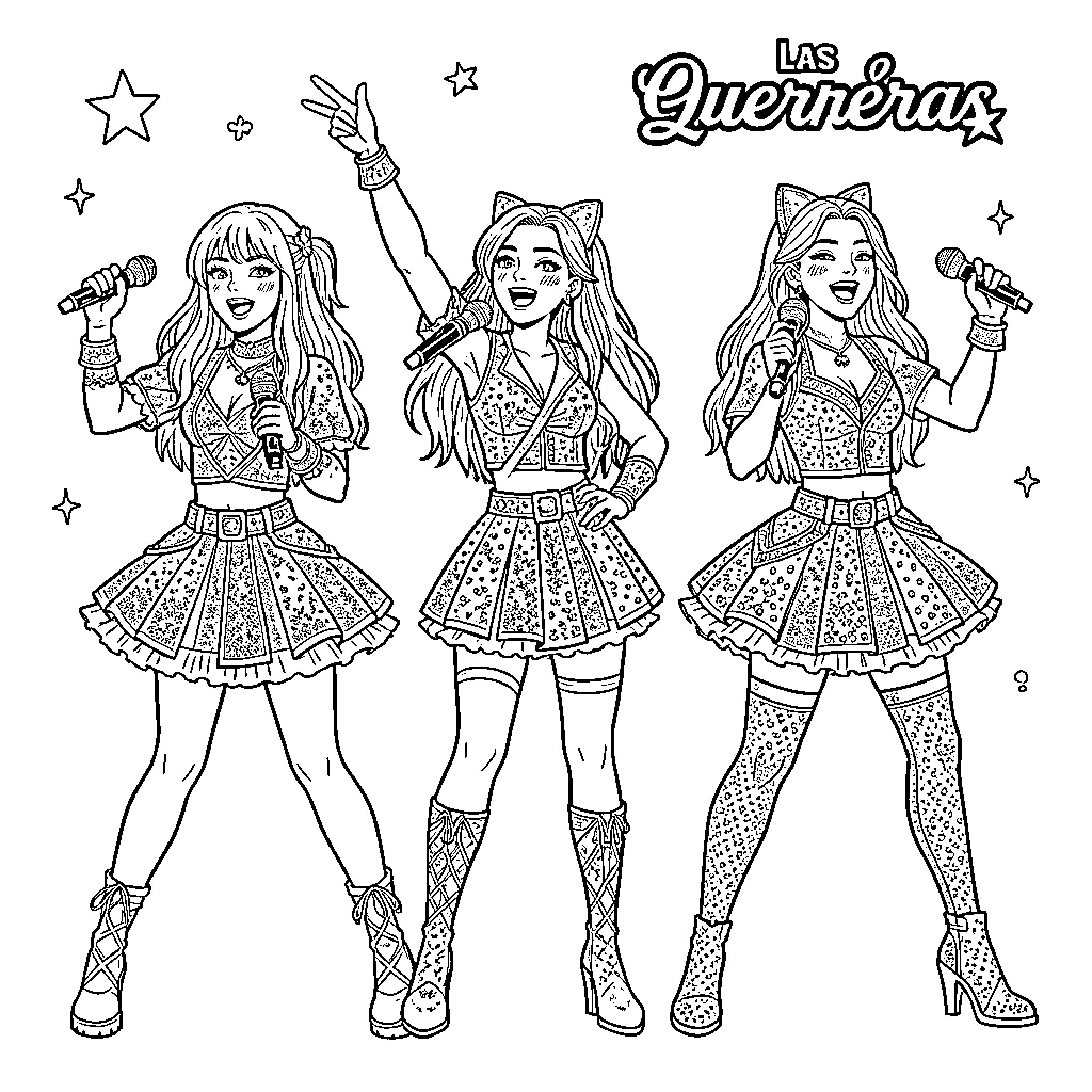 K Pop Warrior Performers in Vibrant Costumes and Poses Coloring Page (free black-and-white line drawing printable PDF for all, from beginners to advanced learners, including children, teens, adults, and seniors)