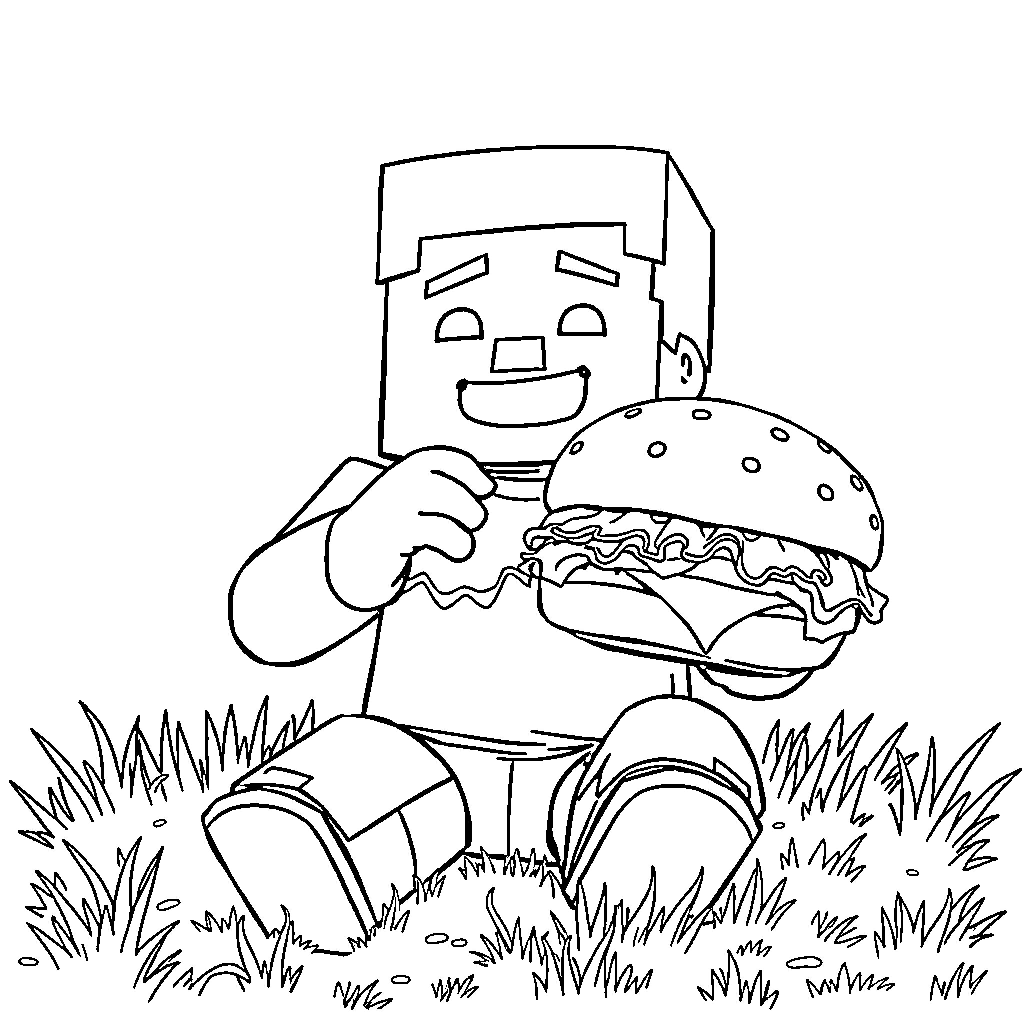 Steve enjoying a delicious burger outdoors Coloring Page (free black-and-white line drawing printable PDF for all, from beginners to advanced learners, including children, teens, adults, and seniors)