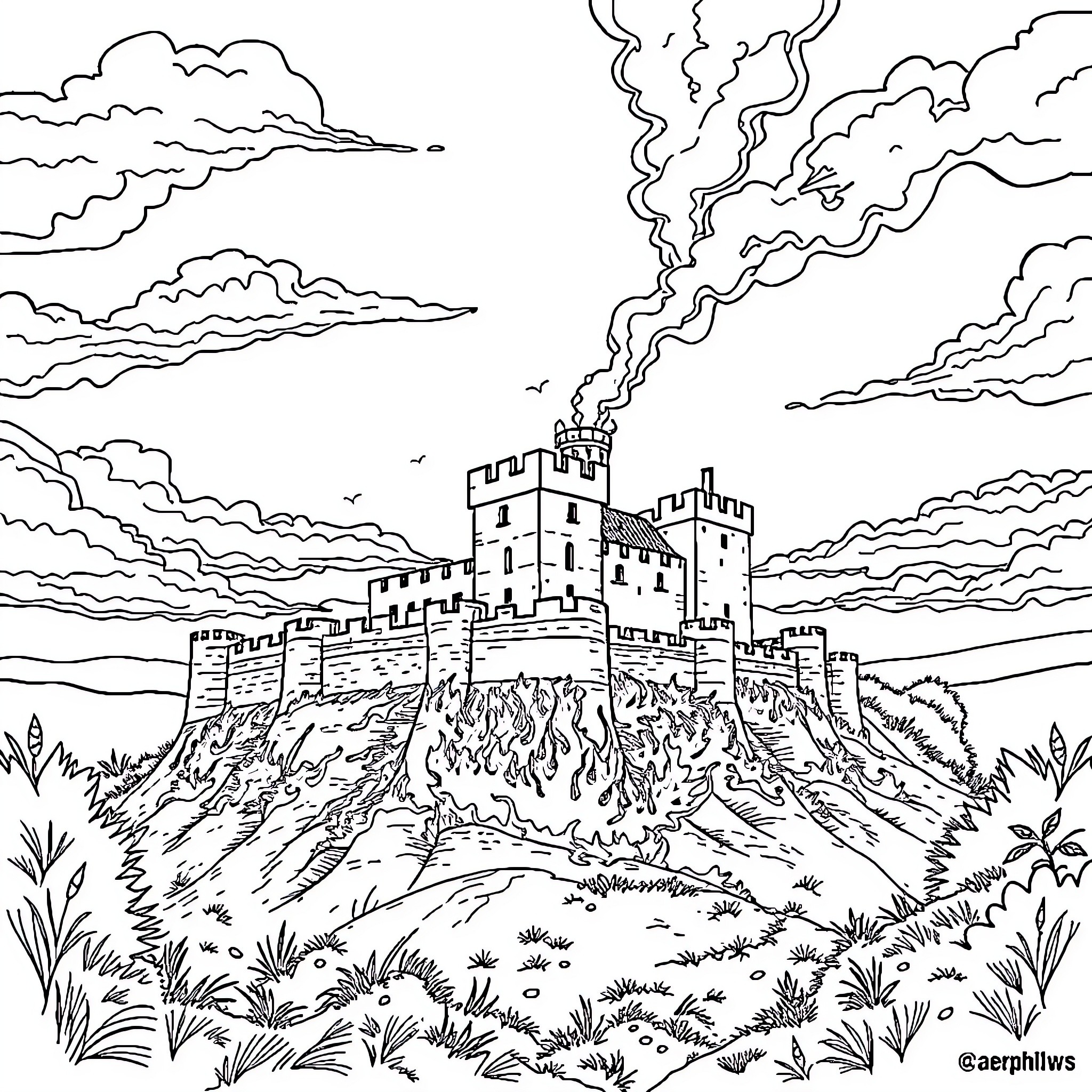 Castle Overlooking a Fiery Landscape Coloring Page (free black-and-white line drawing printable PDF for all, from beginners to advanced learners, including children, teens, adults, and seniors)
