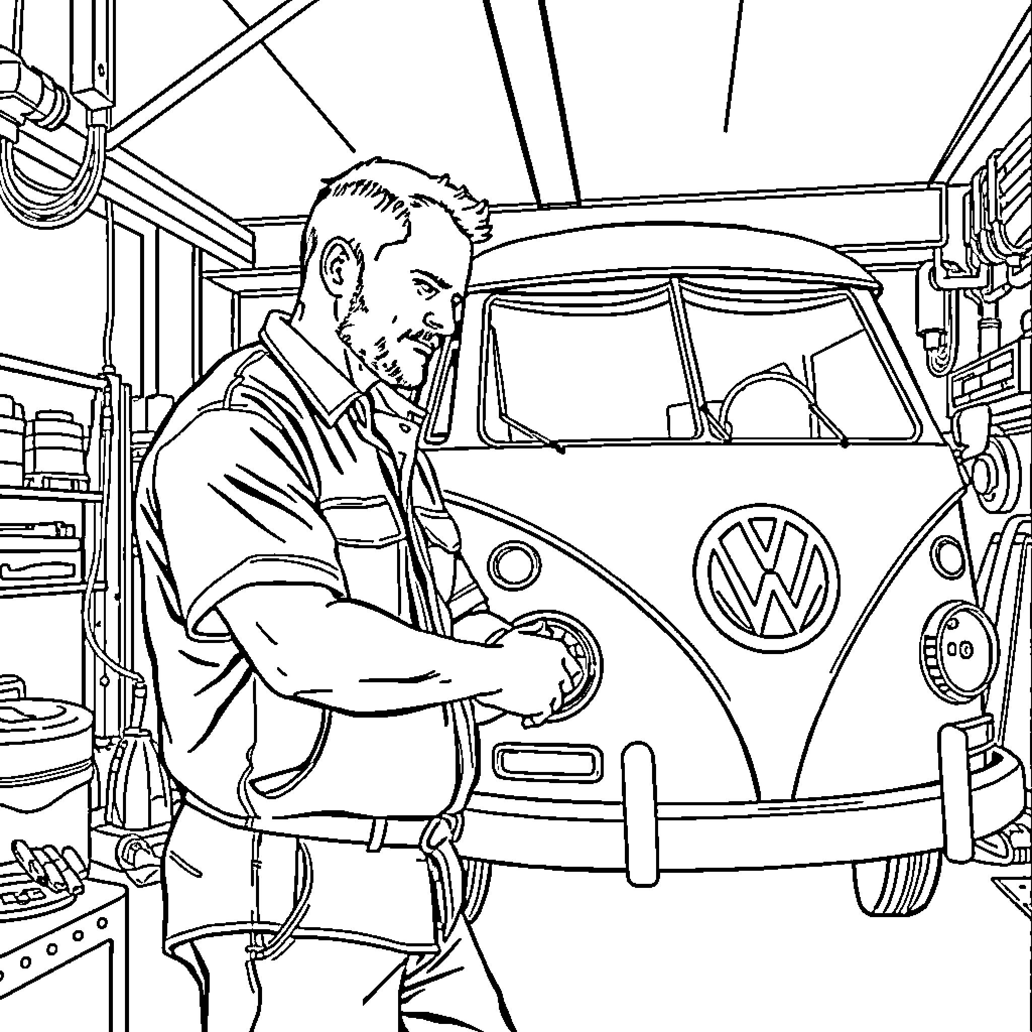 Man working on his vintage Volkswagen van Coloring Page (free black-and-white line drawing printable PDF for all, from beginners to advanced learners, including children, teens, adults, and seniors)