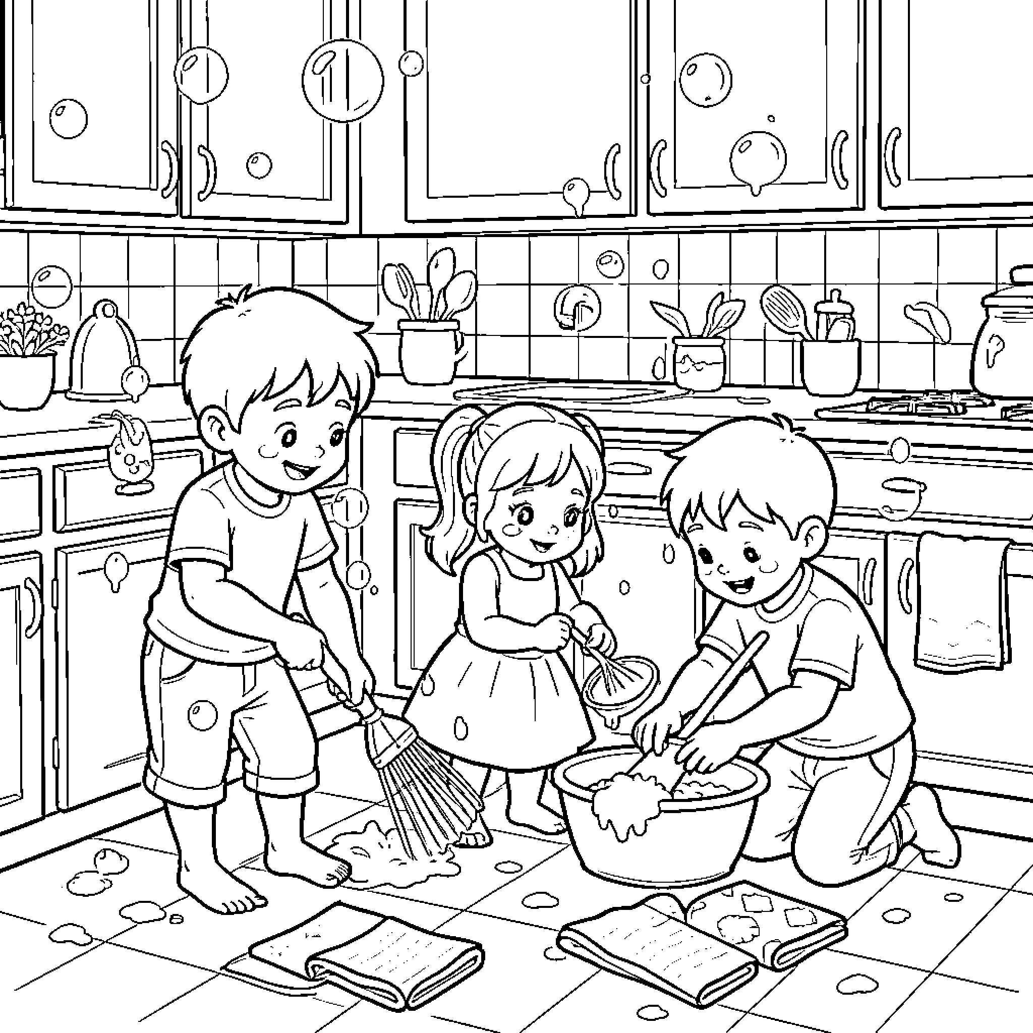 Child helping with household chores in the kitchen Coloring Page (free black-and-white line drawing printable PDF for all, from beginners to advanced learners, including children, teens, adults, and seniors)