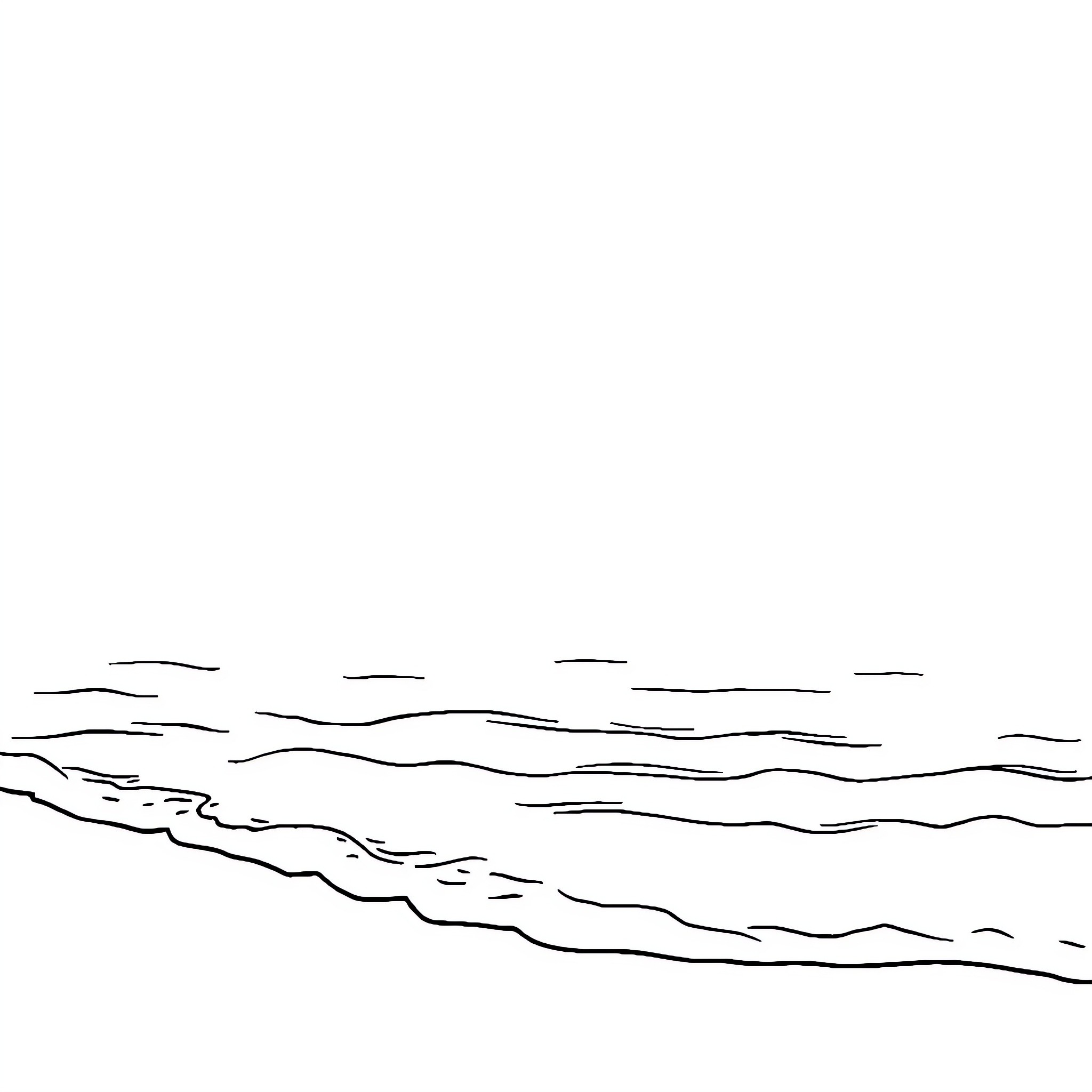 Beachfront scene with waves and shoreline Coloring Page (free black-and-white line drawing printable PDF for all, from beginners to advanced learners, including children, teens, adults, and seniors)
