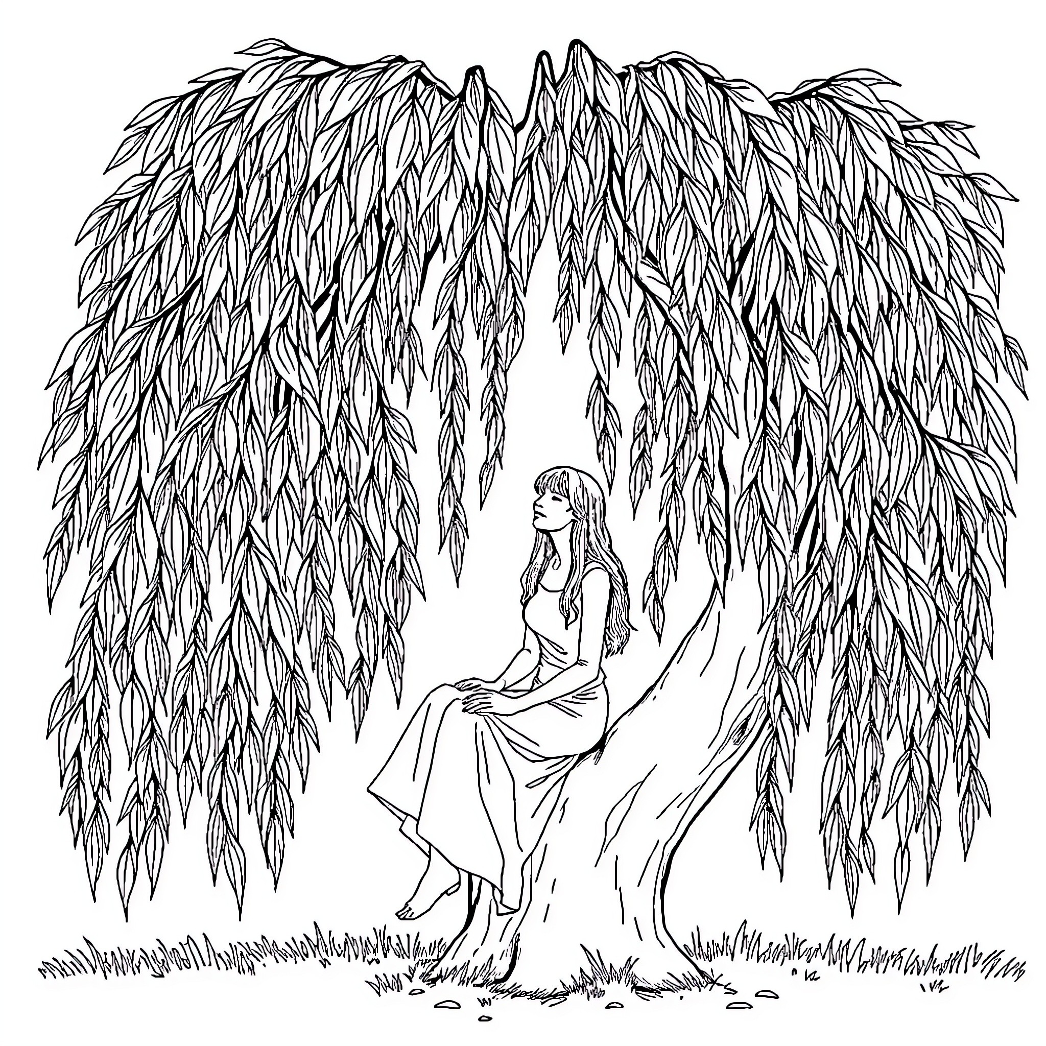 Woman sitting thoughtfully under a weeping willow tree Coloring Page (free black-and-white line drawing printable PDF for all, from beginners to advanced learners, including children, teens, adults, and seniors)