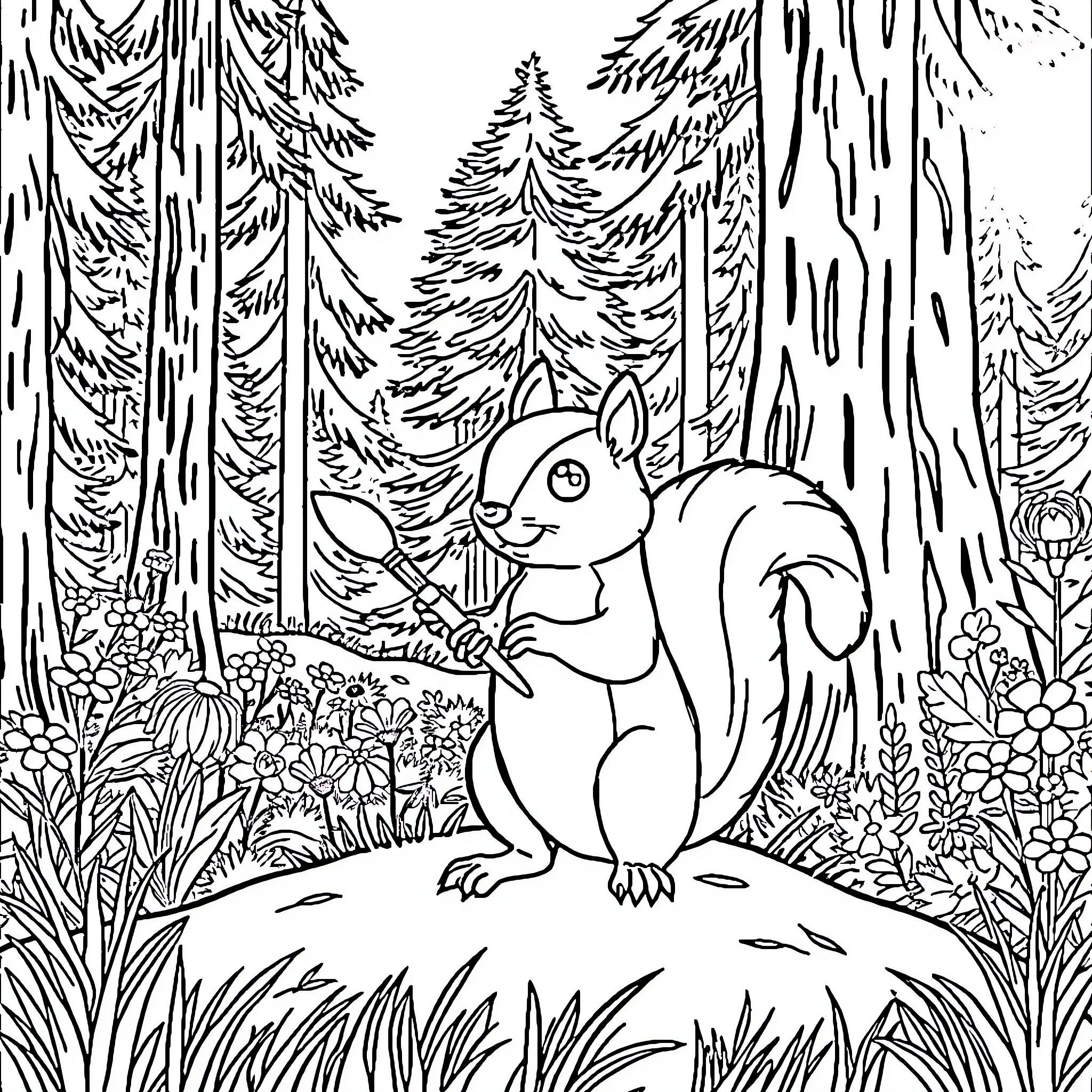 Squirrel enjoying the forest scenery Coloring Page (free black-and-white line drawing printable PDF for all, from beginners to advanced learners, including children, teens, adults, and seniors)