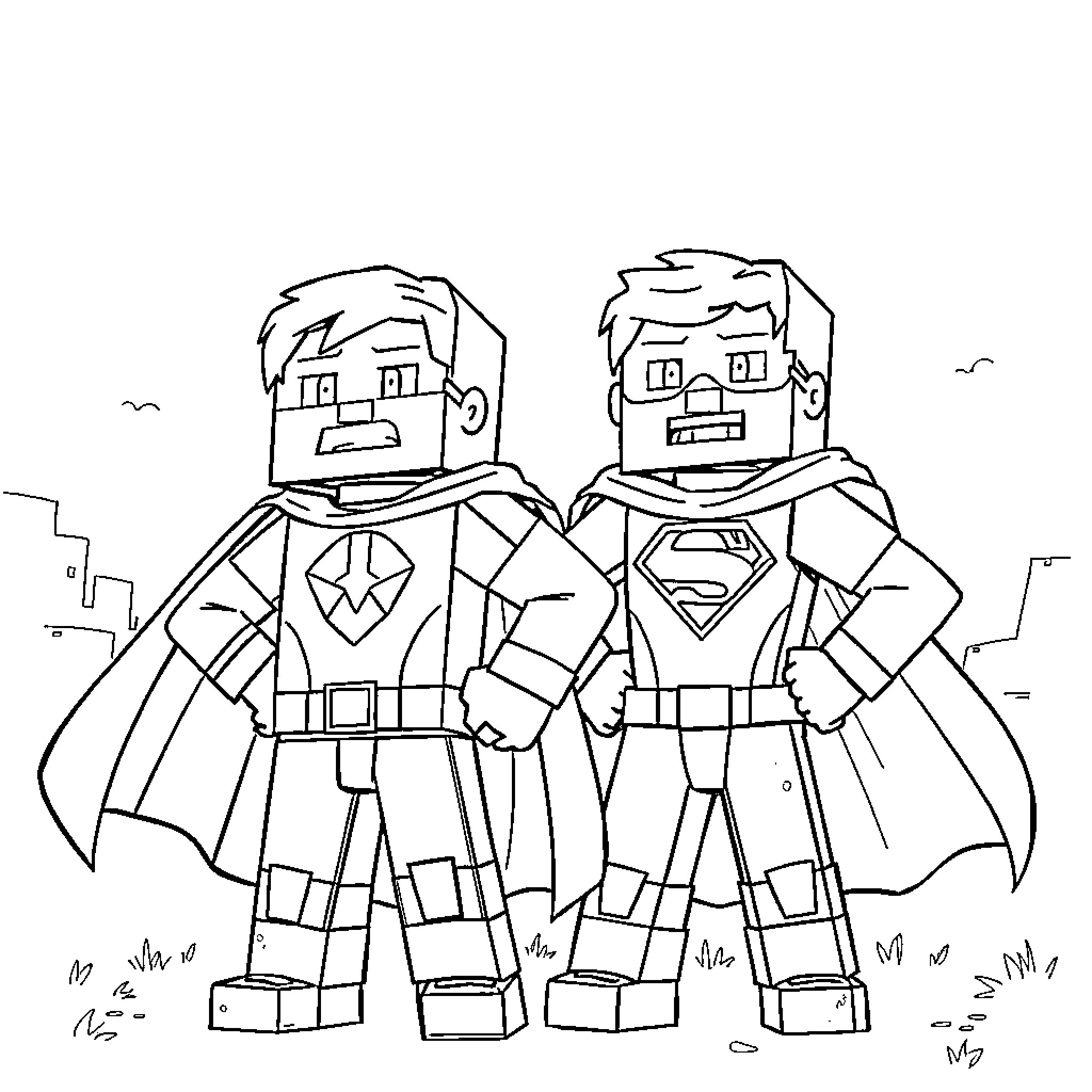 Steve and Alex as superhero sidekicks Coloring Page (free black-and-white line drawing printable PDF for all, from beginners to advanced learners, including children, teens, adults, and seniors)