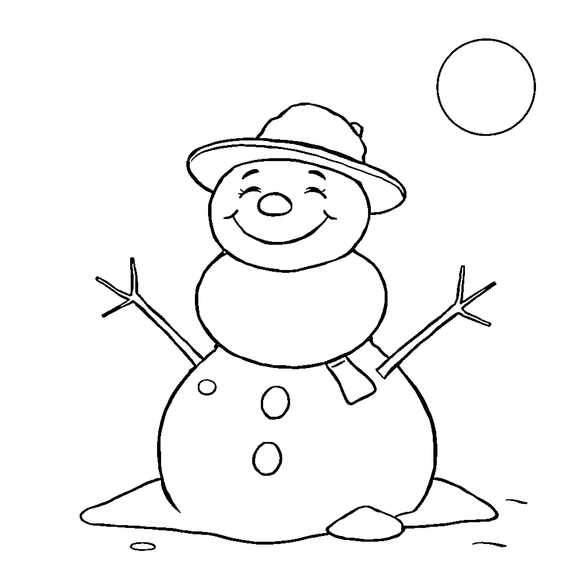 Snowman wearing a hat and smiling happily Coloring Page (free black-and-white line drawing printable PDF for all, from beginners to advanced learners, including children, teens, adults, and seniors)