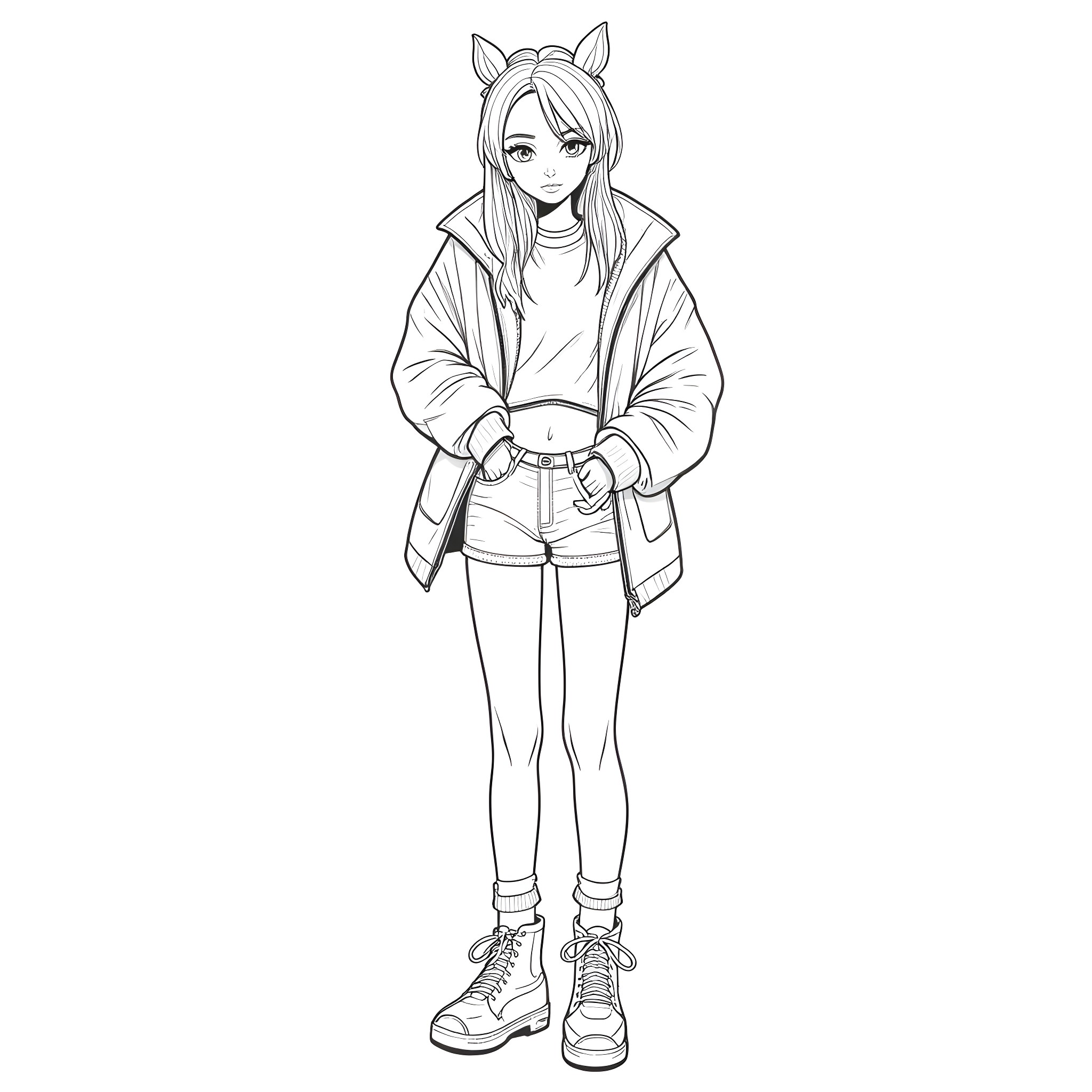 Goth Girl in Casual Outfit with Cat Ears Coloring Page (free black-and-white line drawing printable PDF for all, from beginners to advanced learners, including children, teens, adults, and seniors)